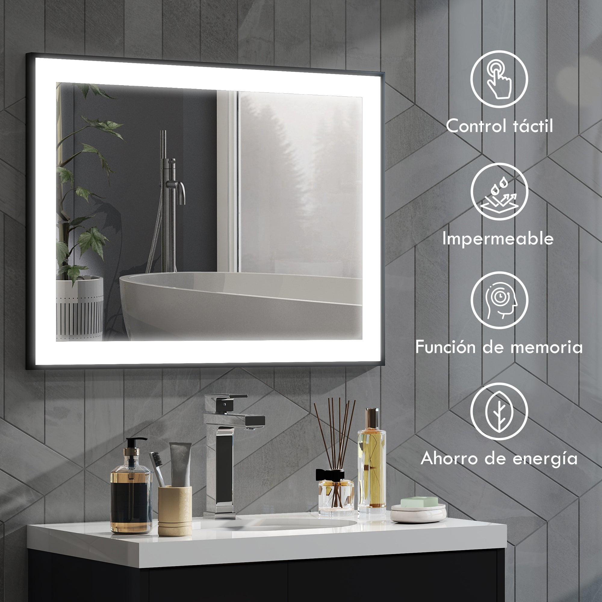 Bathroom Mirror with LED Light 80x60 cm Wall Mirror with 3 Light Colors Anti-fog Function Memory Function Touch Switch Horizontal/Vertical IP44