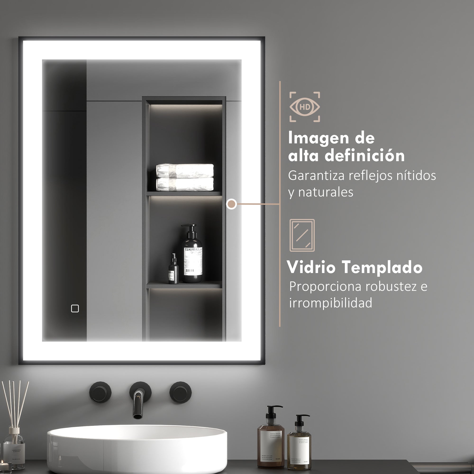 Bathroom Mirror with LED Light 80x60 cm Wall Mirror with 3 Light Colors Anti-fog Function Memory Function Touch Switch Horizontal/Vertical IP44