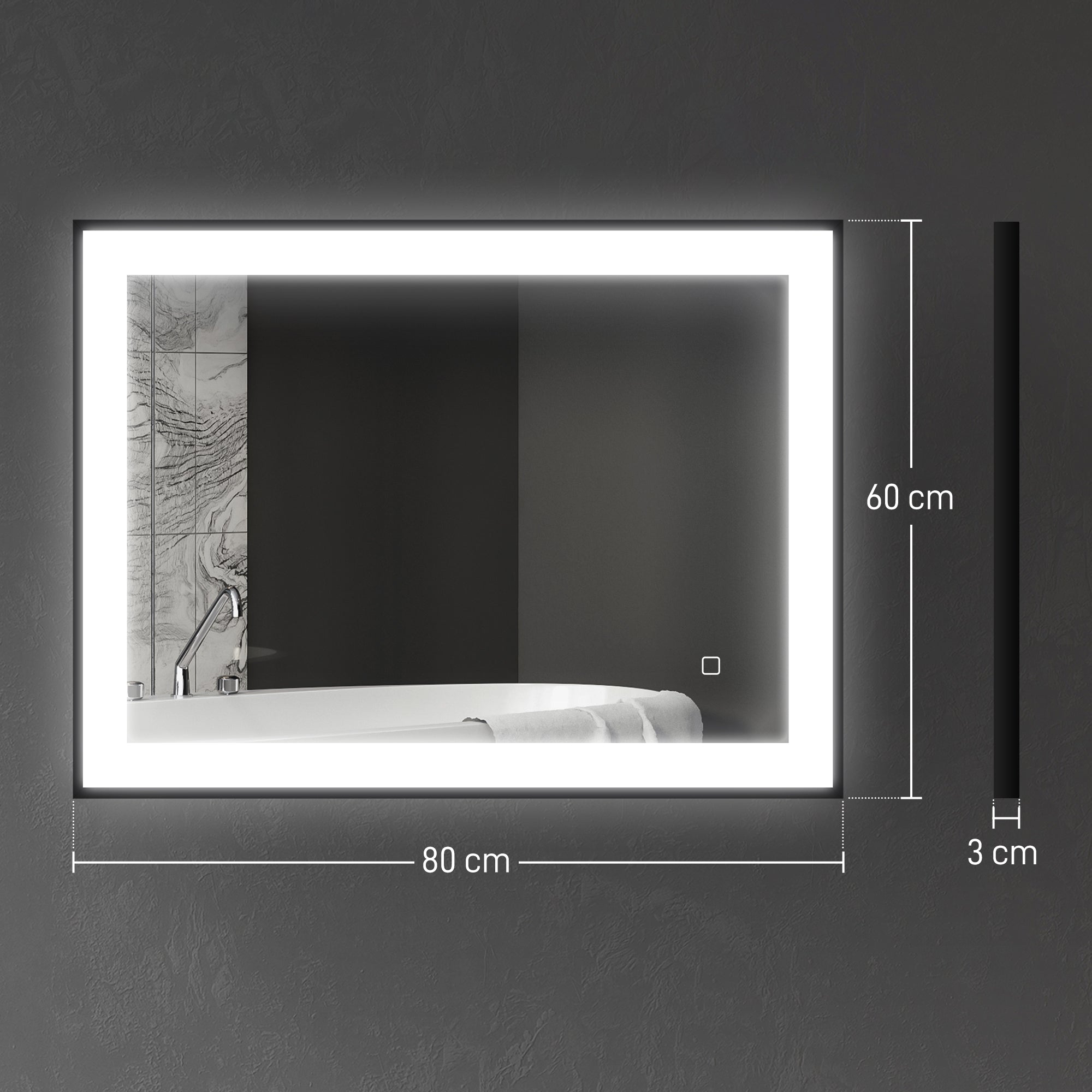 Bathroom Mirror with LED Light 80x60 cm Wall Mirror with 3 Light Colors Anti-fog Function Memory Function Touch Switch Horizontal/Vertical IP44