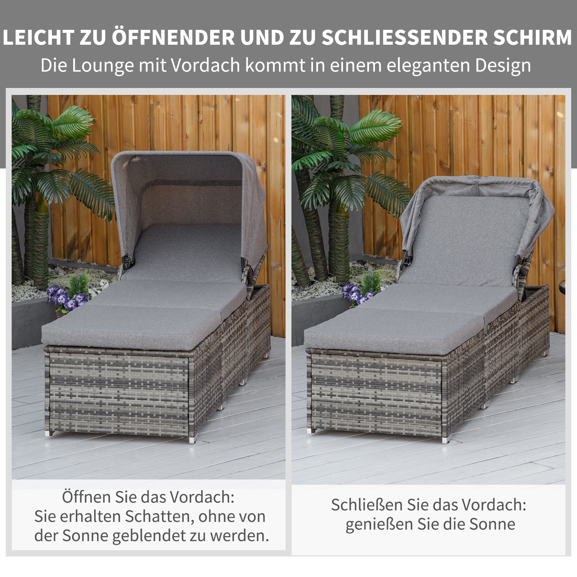 Sun Lounger made of Poly Rattan with Sun Canopy Garden Sun Lounger adjustable Rattan Sun Lounger Garden Furniture Recliner with Cushion Grey 195 x 65 x 40 cm