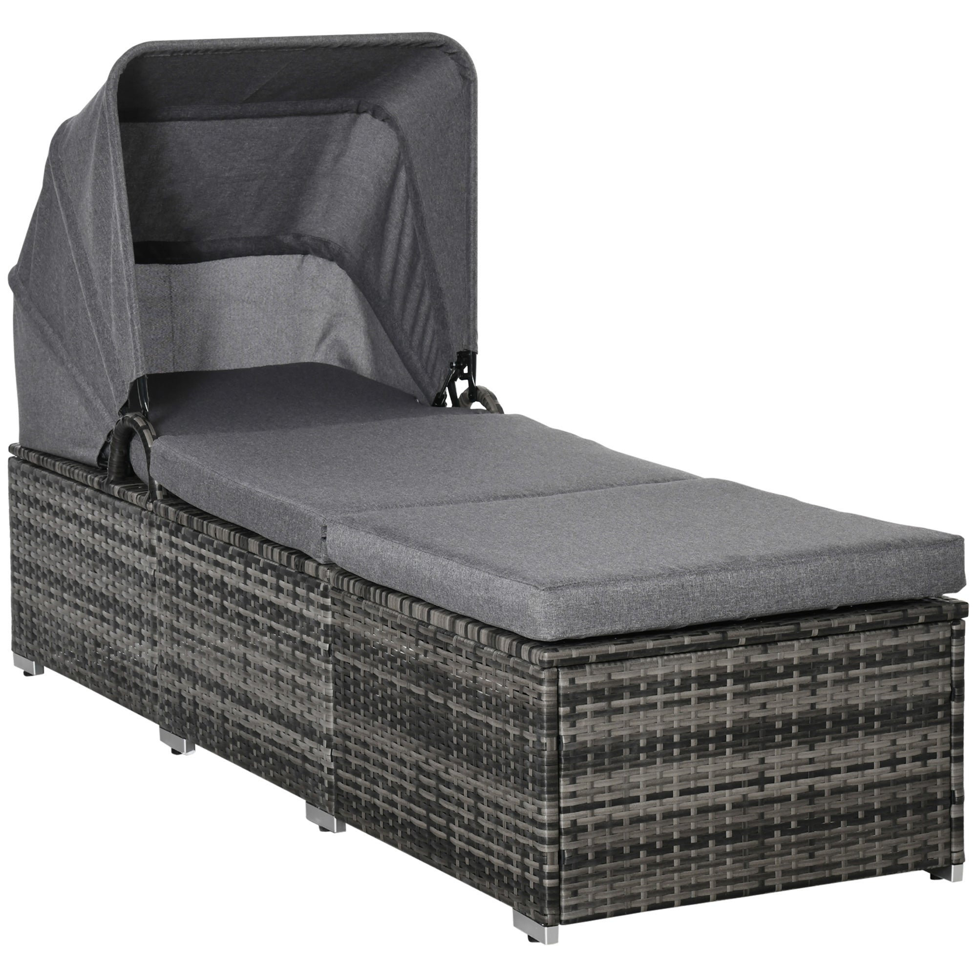 Sun Lounger made of Poly Rattan with Sun Canopy Garden Sun Lounger adjustable Rattan Sun Lounger Garden Furniture Recliner with Cushion Grey 195 x 65 x 40 cm