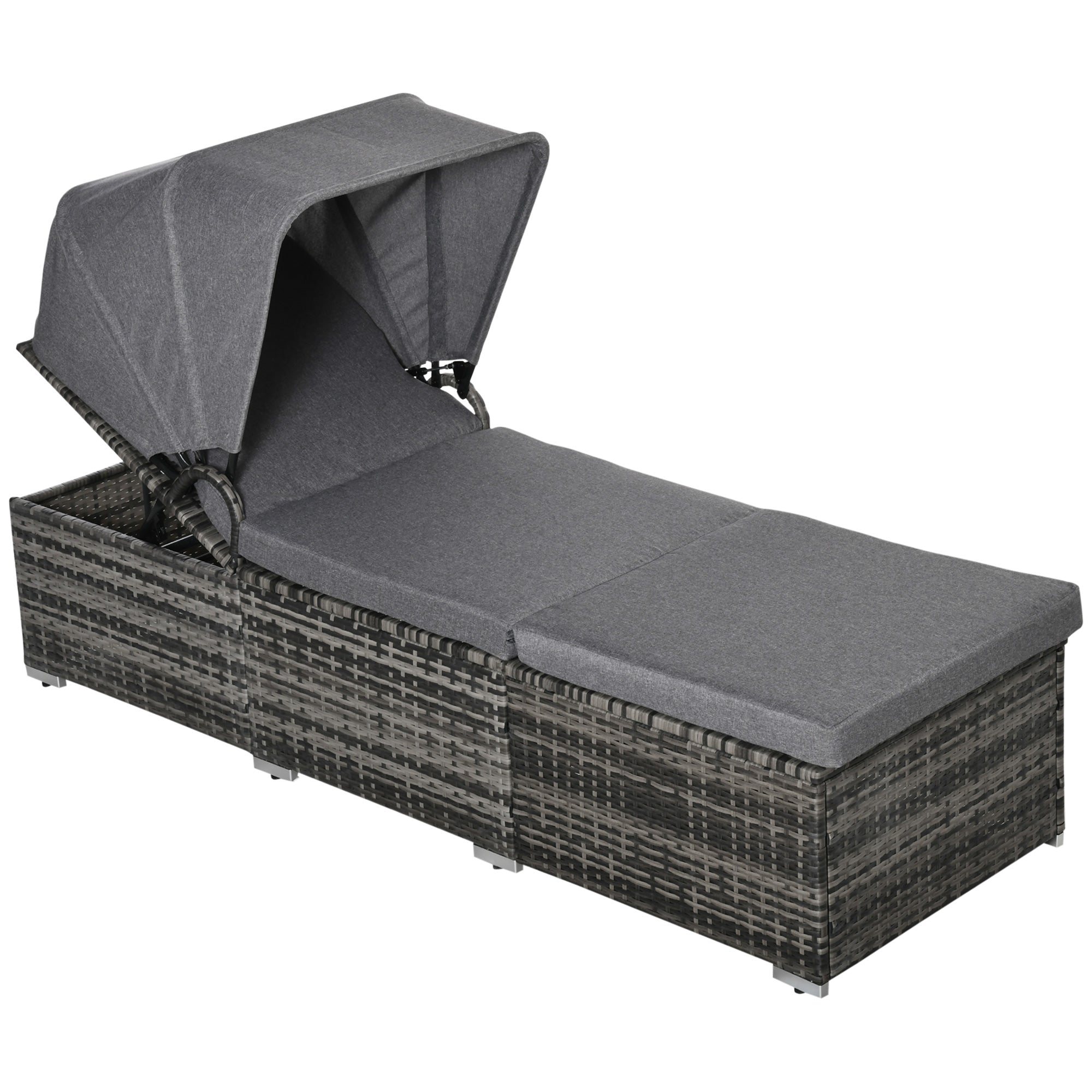Sun Lounger made of Poly Rattan with Sun Canopy Garden Sun Lounger adjustable Rattan Sun Lounger Garden Furniture Recliner with Cushion Grey 195 x 65 x 40 cm
