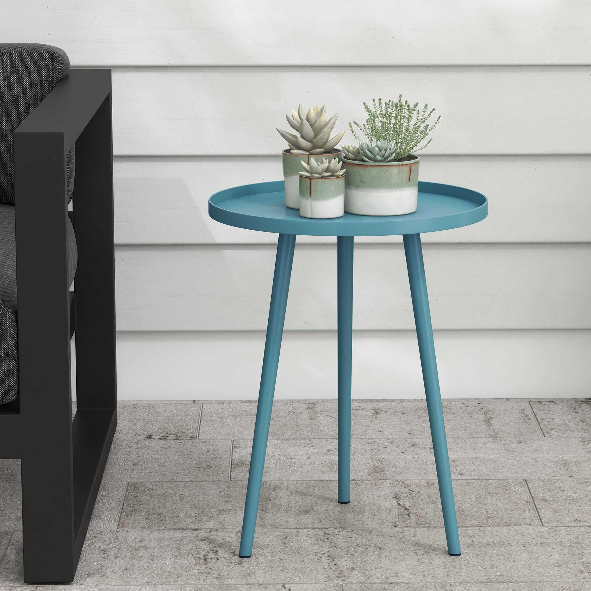 Round Garden Side Table, Outdoor End Table with Rounded Steel Edge, dim. Ø40 x 50H cm blue