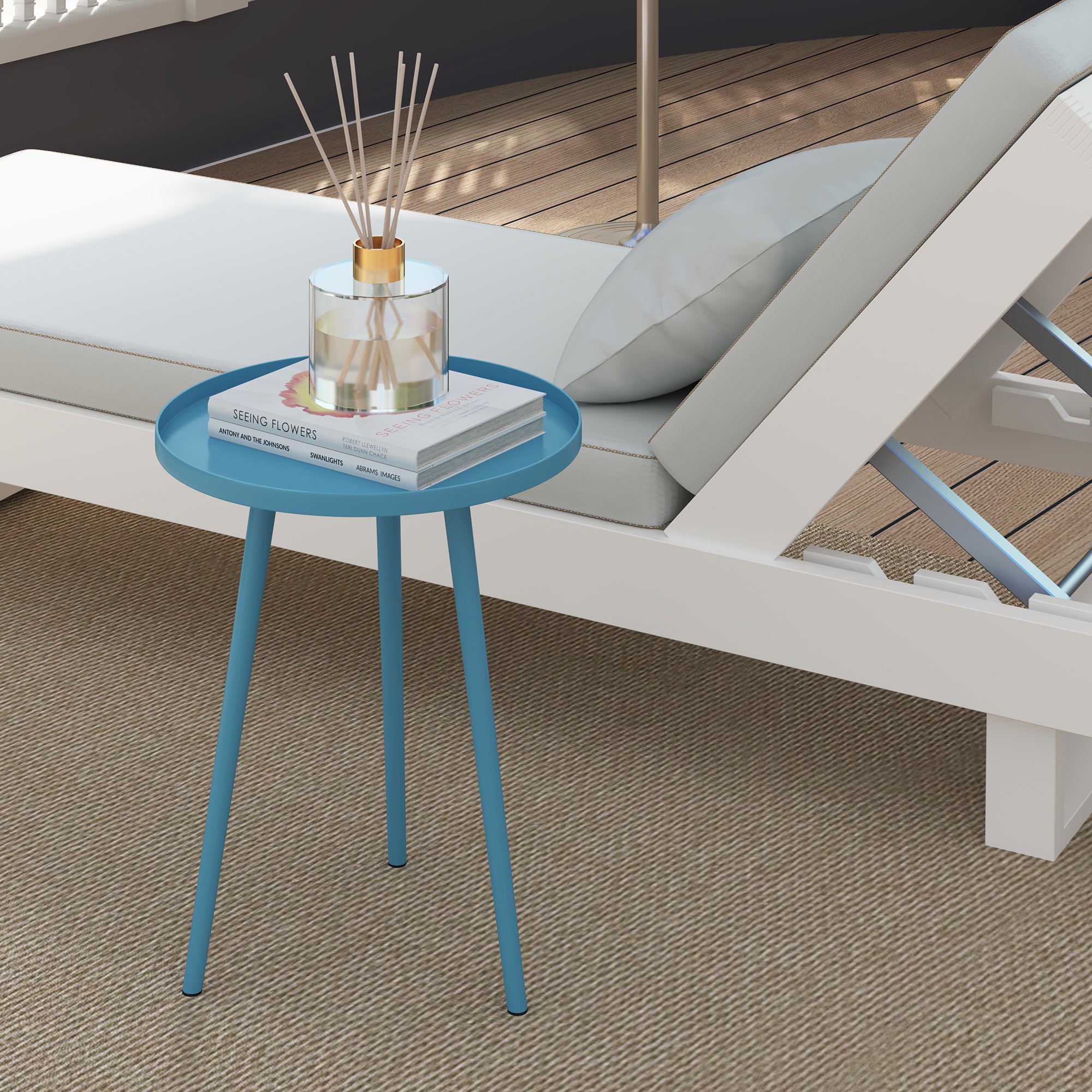 Round Garden Side Table, Outdoor End Table with Rounded Steel Edge, dim. Ø40 x 50H cm blue