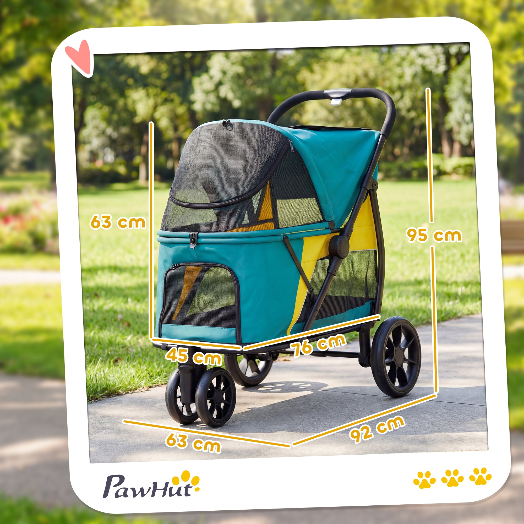 Foldable Dog Stroller / Pet Buggy — For Cats & Dogs up to 44 lb with Cushion, Mesh Windows, Rear Pocket, 360° Swivel Wheels with Brake, Door — Medium Dogs, Dark Green
