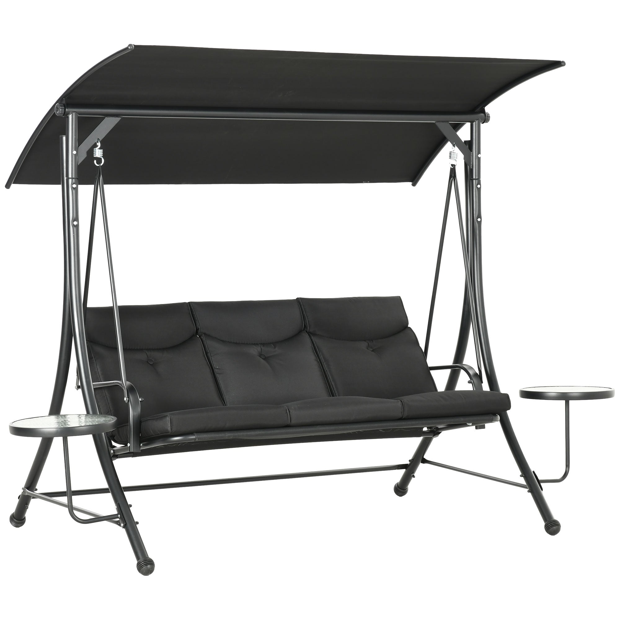 Hollywood Swing with Coffee Tables, 3-Seater Garden Swing with Adjustable Canopy, Swing Bench Holds Up to 300kg, for Garden, Patio, 278 x 135 x 177 cm, Black
