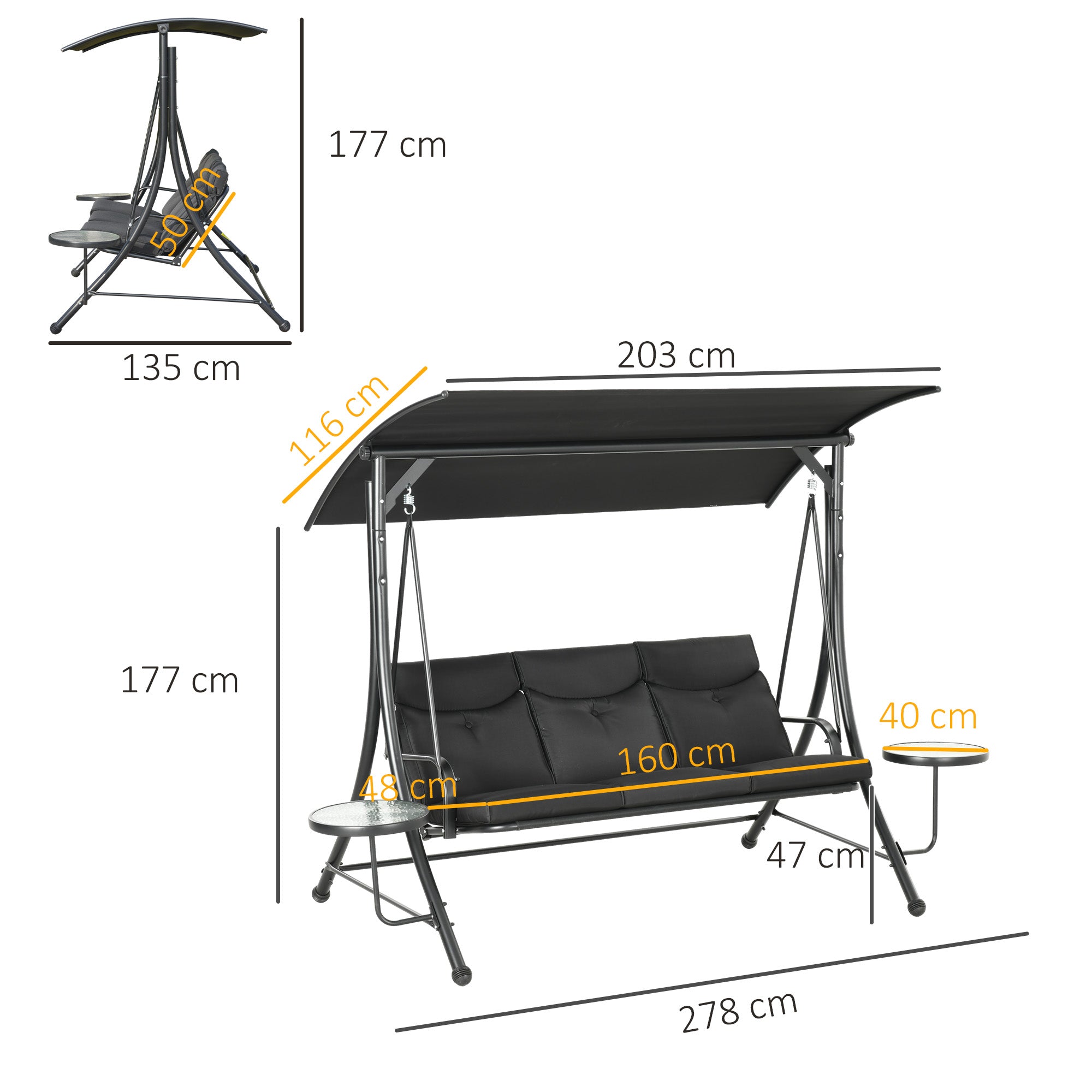 Hollywood Swing with Coffee Tables, 3-Seater Garden Swing with Adjustable Canopy, Swing Bench Holds Up to 300kg, for Garden, Patio, 278 x 135 x 177 cm, Black