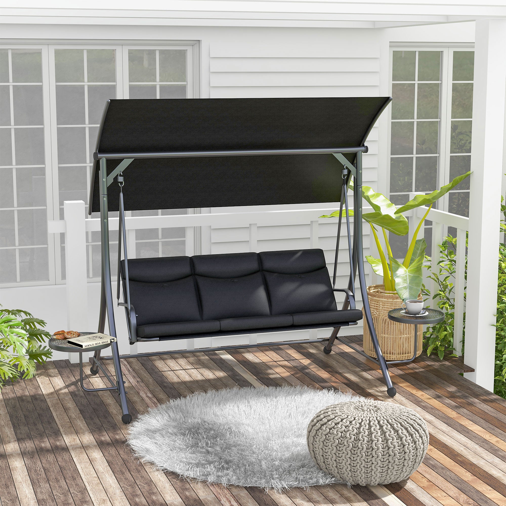 Hollywood Swing with Coffee Tables, 3-Seater Garden Swing with Adjustable Canopy, Swing Bench Holds Up to 300kg, for Garden, Patio, 278 x 135 x 177 cm, Black
