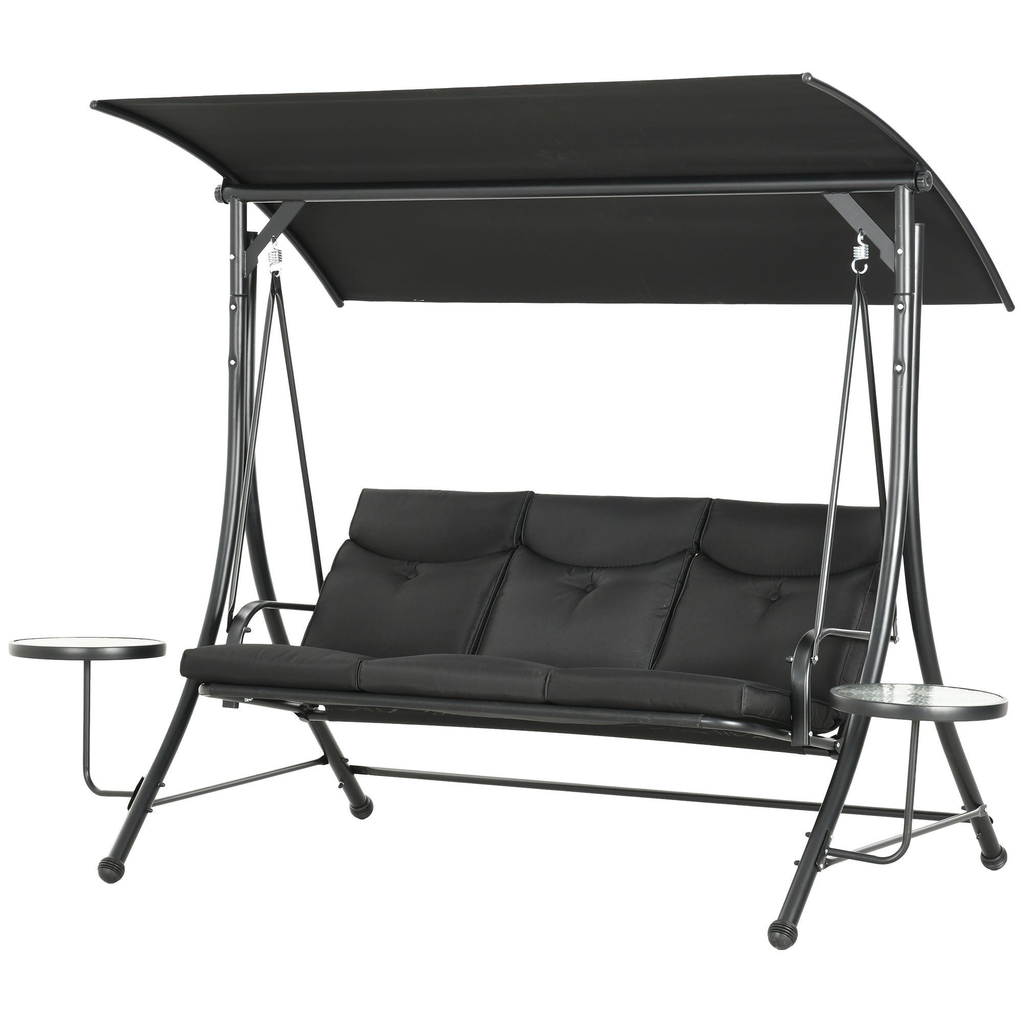 Hollywood Swing with Coffee Tables, 3-Seater Garden Swing with Adjustable Canopy, Swing Bench Holds Up to 300kg, for Garden, Patio, 278 x 135 x 177 cm, Black
