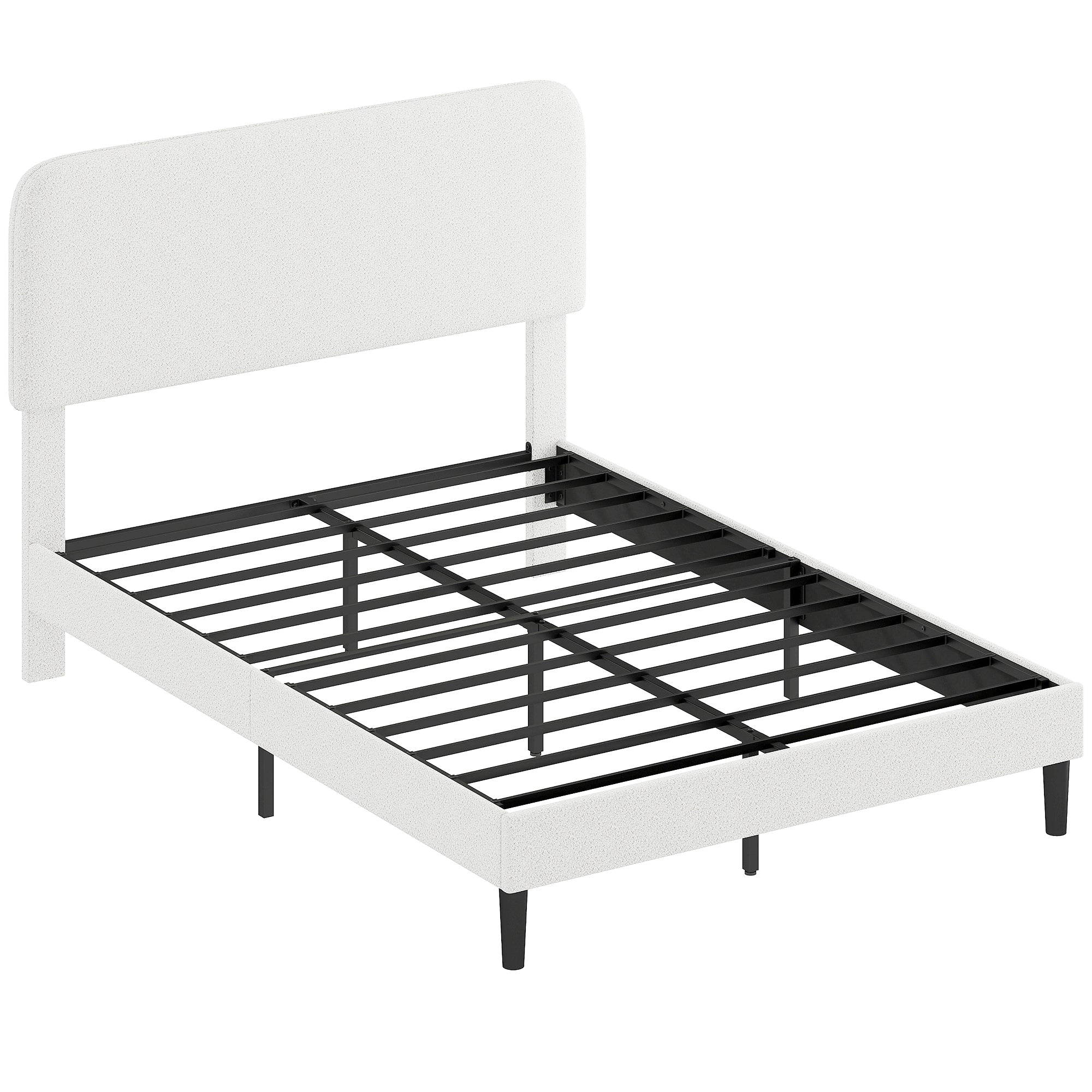 Upholstered Platform Bed 140 x 200 cm (55 x 79 in) with Adjustable Padded Teddy-Fleece Headboard — Metal Frame, White