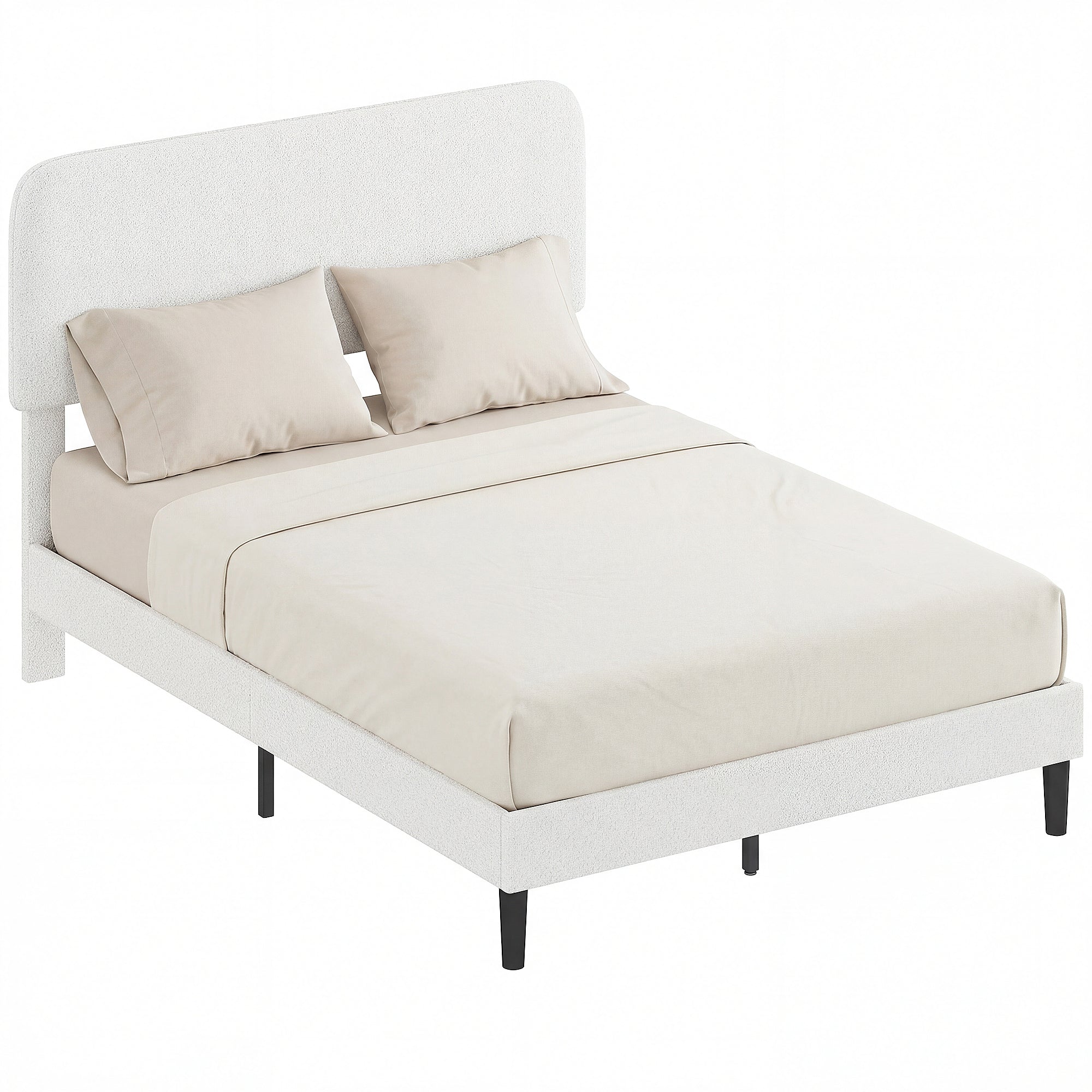 Upholstered Platform Bed 140 x 200 cm (55 x 79 in) with Adjustable Padded Teddy-Fleece Headboard — Metal Frame, White