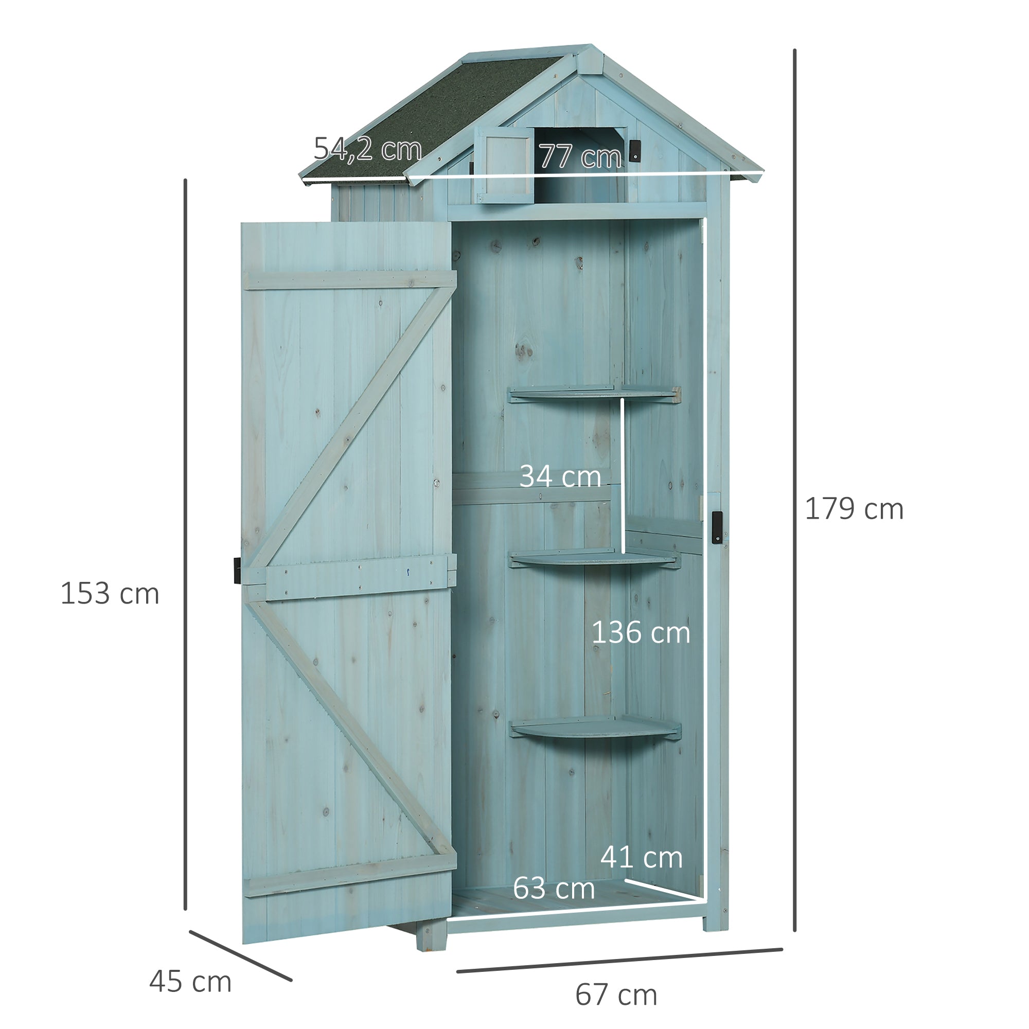 Wooden Garden Shed, Weatherproof Tool Shed 77x54.2x179cm, Shed with Door, Gable Roof, Cabinet with Shelves, Tool Cabinet Garden Shed for Garden, Patio, Light blue + Green