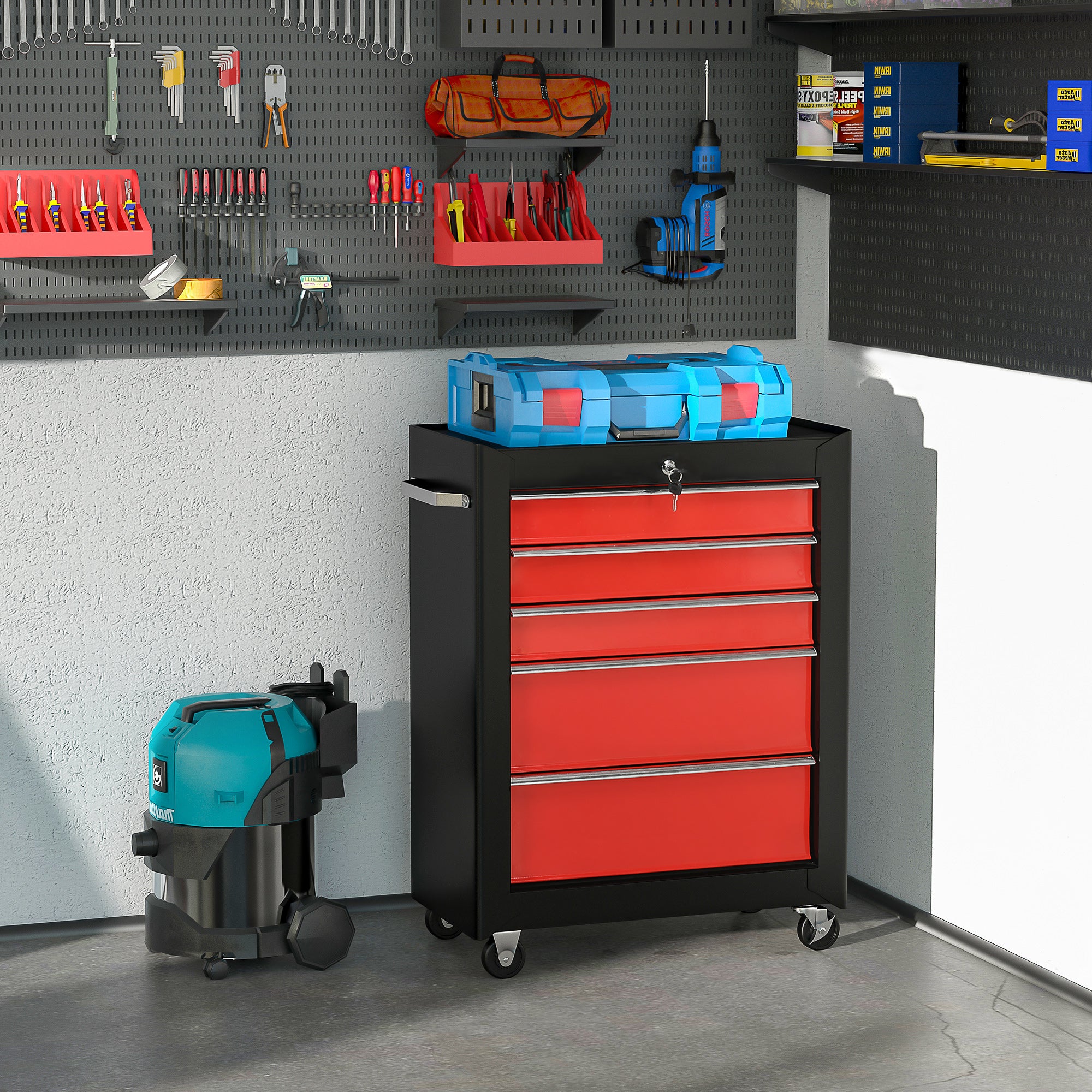 5-Drawer Steel Workshop Trolley – Lockable Mobile Tool Cart with EVA Drawer Liners, Red & Black