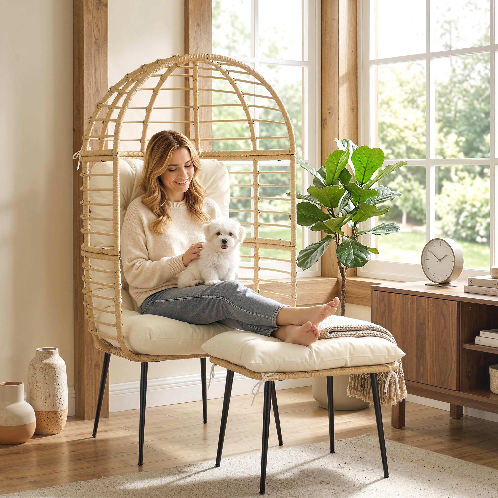 Egg-Shaped PE Rattan Lounge Chair with Ottoman — Boho Patio & Indoor Lounger with Thick Cushions, Powder-Coated Frame, Beige