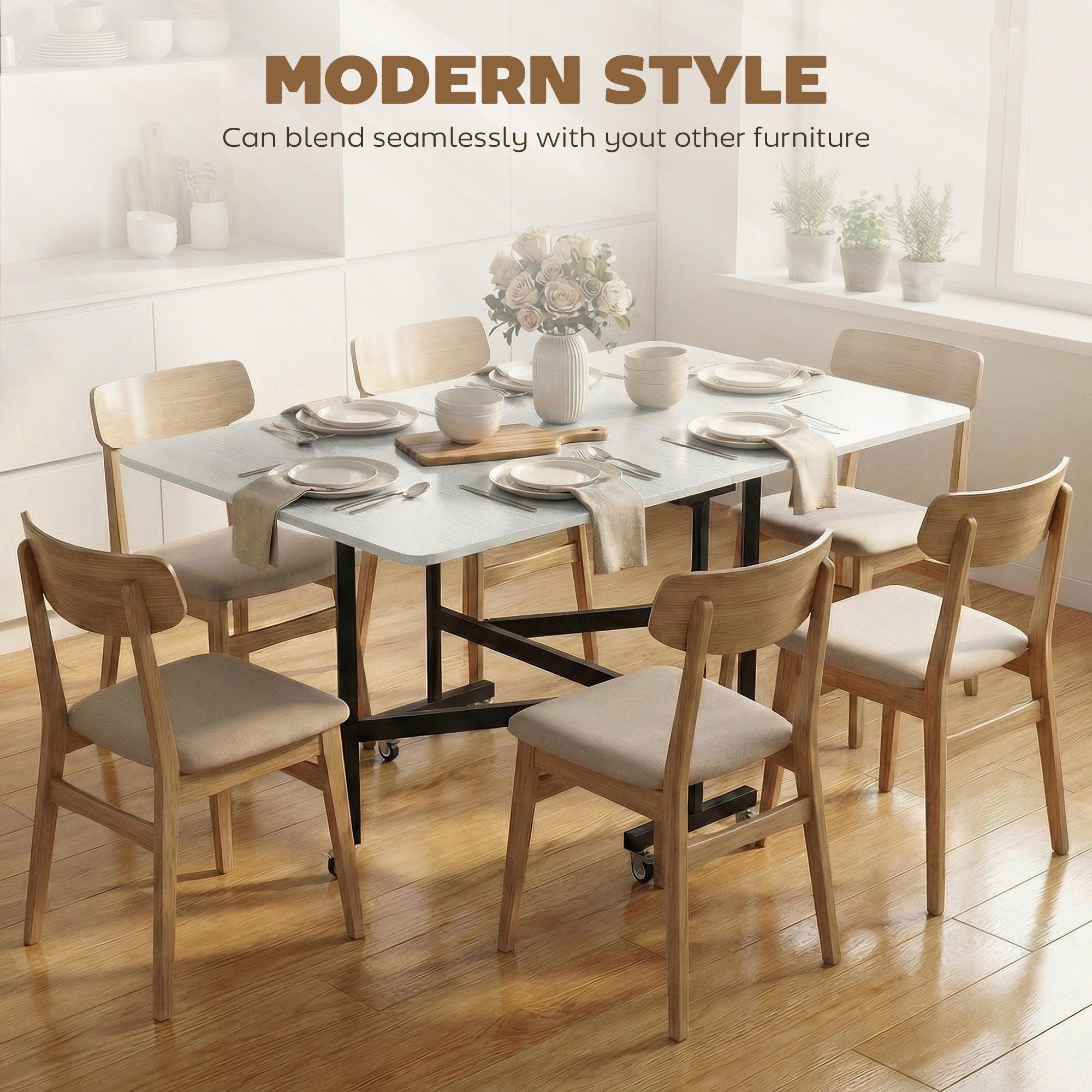 Folding Dining Table for 4–6 with Wheels, Steel Legs — Space-Saving Mobile Table for Small Kitchens, 47.2" x 31.5" x 28.7", White