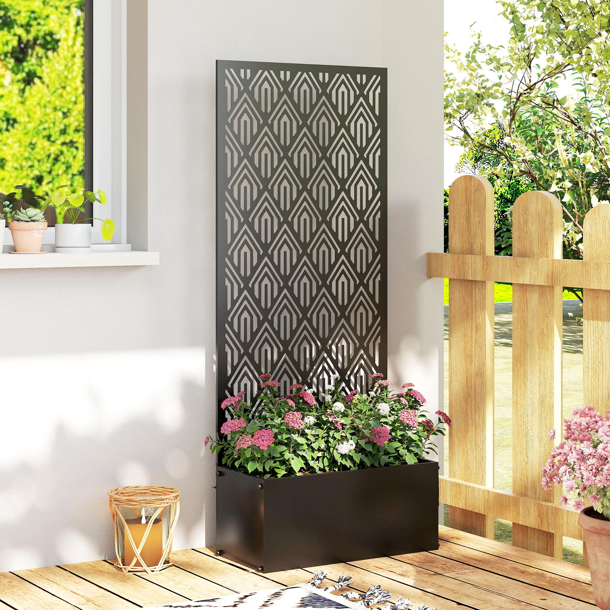 Planter with Trellis — Metal Raised Flower Bed with Privacy Screen for Climbing Plants, Vegetables & Flowers, Indoor/Outdoor, Patio/Balcony, 45 x 21.5 x 110 cm, Black