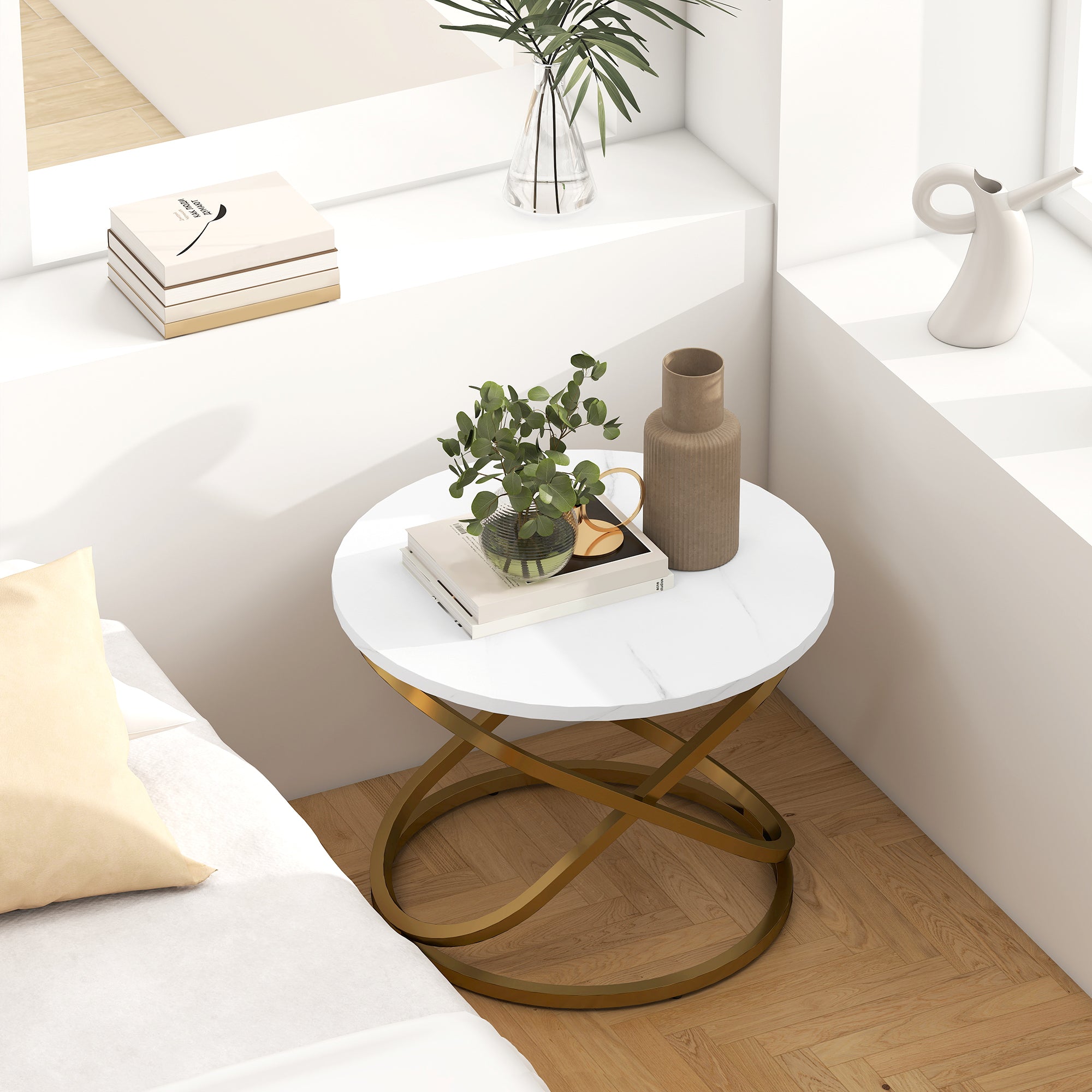 Round Coffee Table — Industrial Style Gold Metal Base with Marble-Effect Top, Ø 60 × 46 cm (Ø 23.6 × 18.1 in)