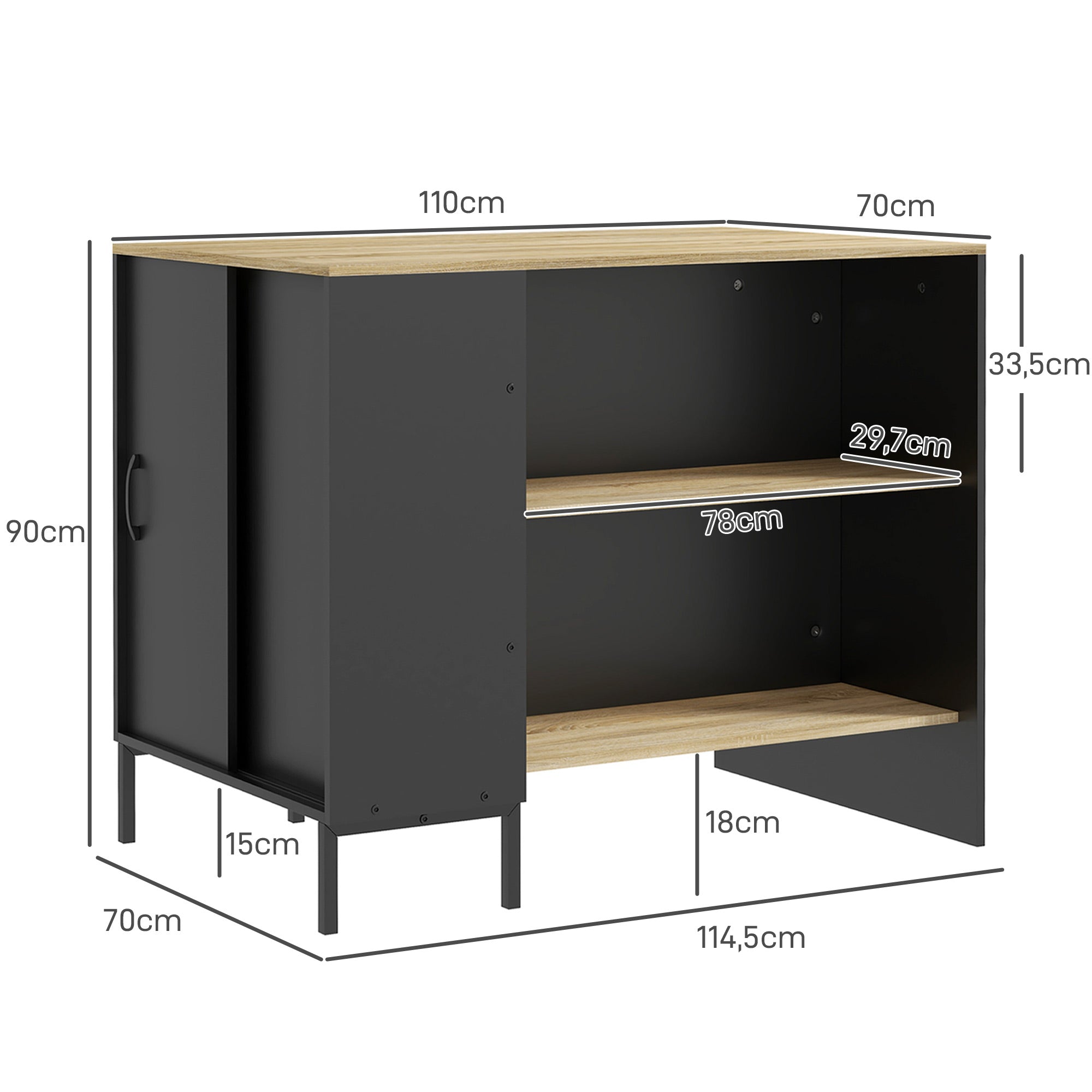 Black Kitchen Island Cart Storage Cabinet with Side Knife Holder, 2 Open Shelves, 1 Cupboard with Sliding Doors, 114.5L x 70W x 90H cm