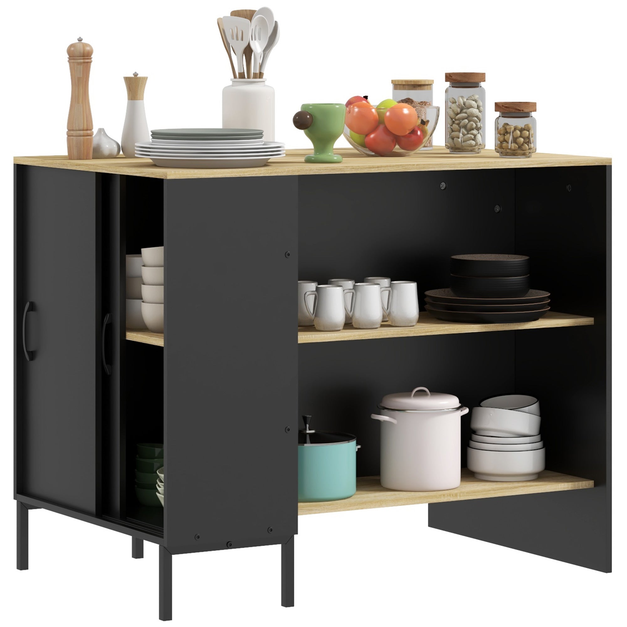 Black Kitchen Island Cart Storage Cabinet with Side Knife Holder, 2 Open Shelves, 1 Cupboard with Sliding Doors, 114.5L x 70W x 90H cm