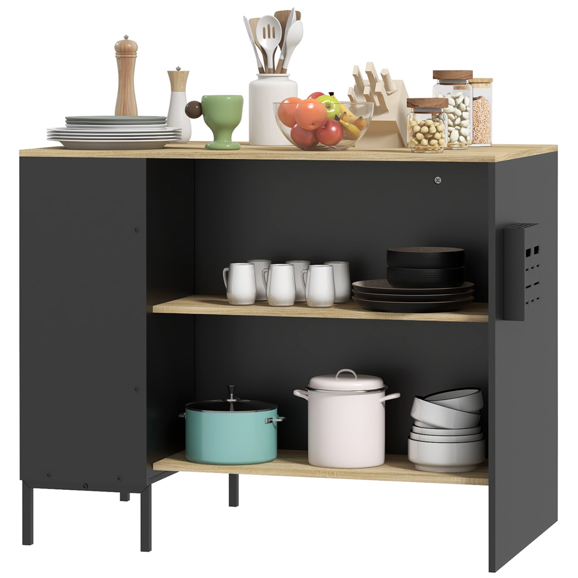 Black Kitchen Island Cart Storage Cabinet with Side Knife Holder, 2 Open Shelves, 1 Cupboard with Sliding Doors, 114.5L x 70W x 90H cm