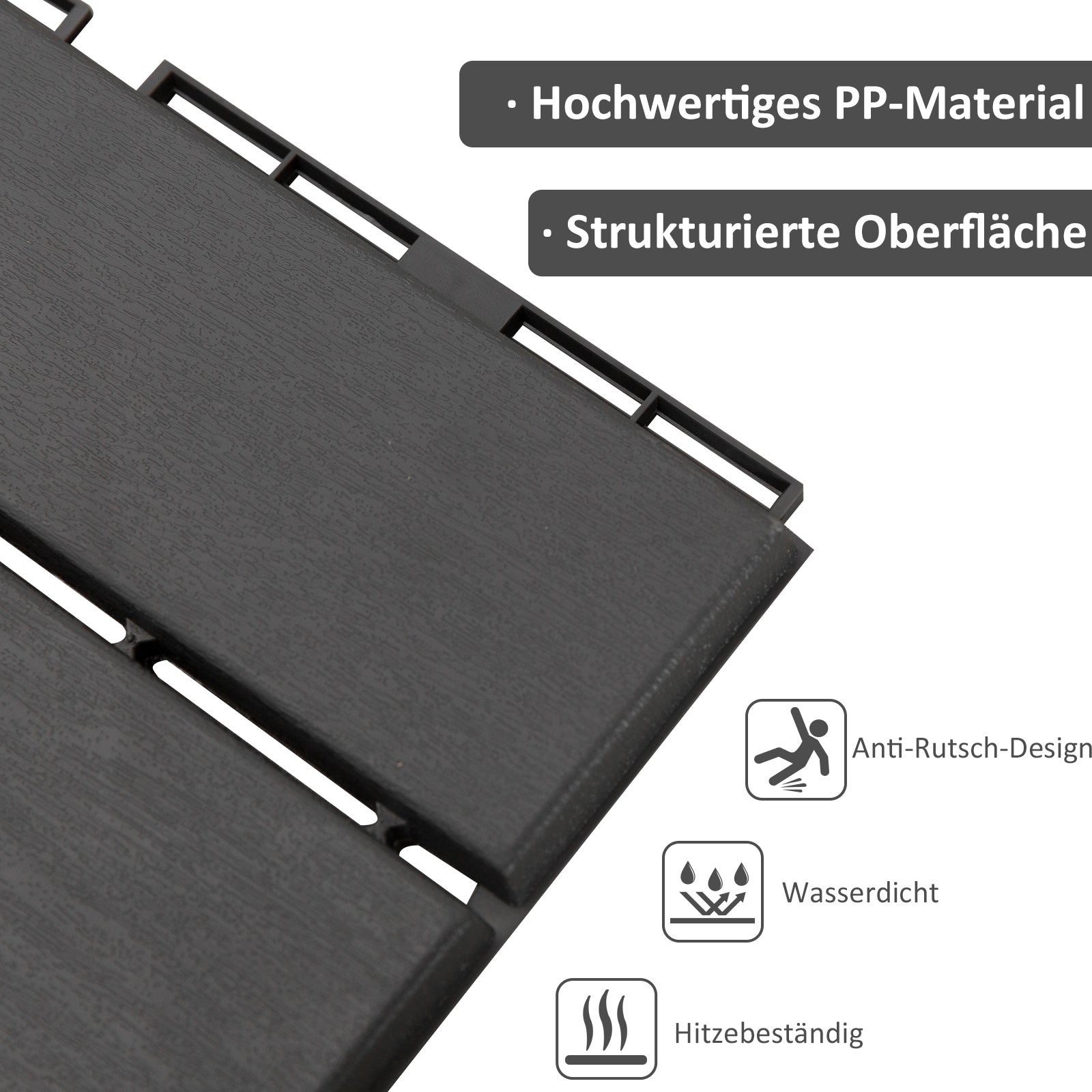 Terrace Tiles 30 x 30 cm 9 Pieces 0.81㎡ Click Tiles Balcony Tiles with Click System Drainage Function Floor Covering Tile for Terrace Balcony Black