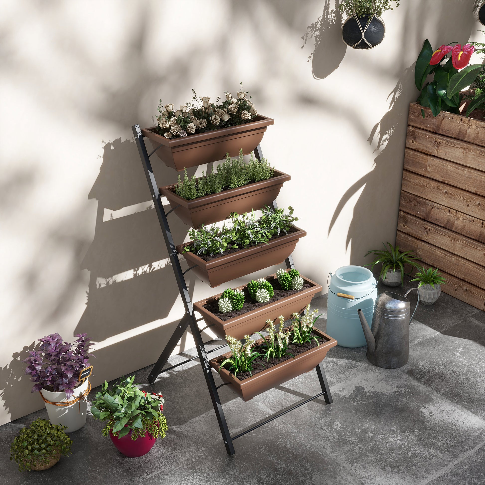 Raised Planter with Tiers, Vertical Planter with 5 Flower Pots, Drainage Holes with Rubber Stoppers, Plant Staircase, Steel Frame, Brown