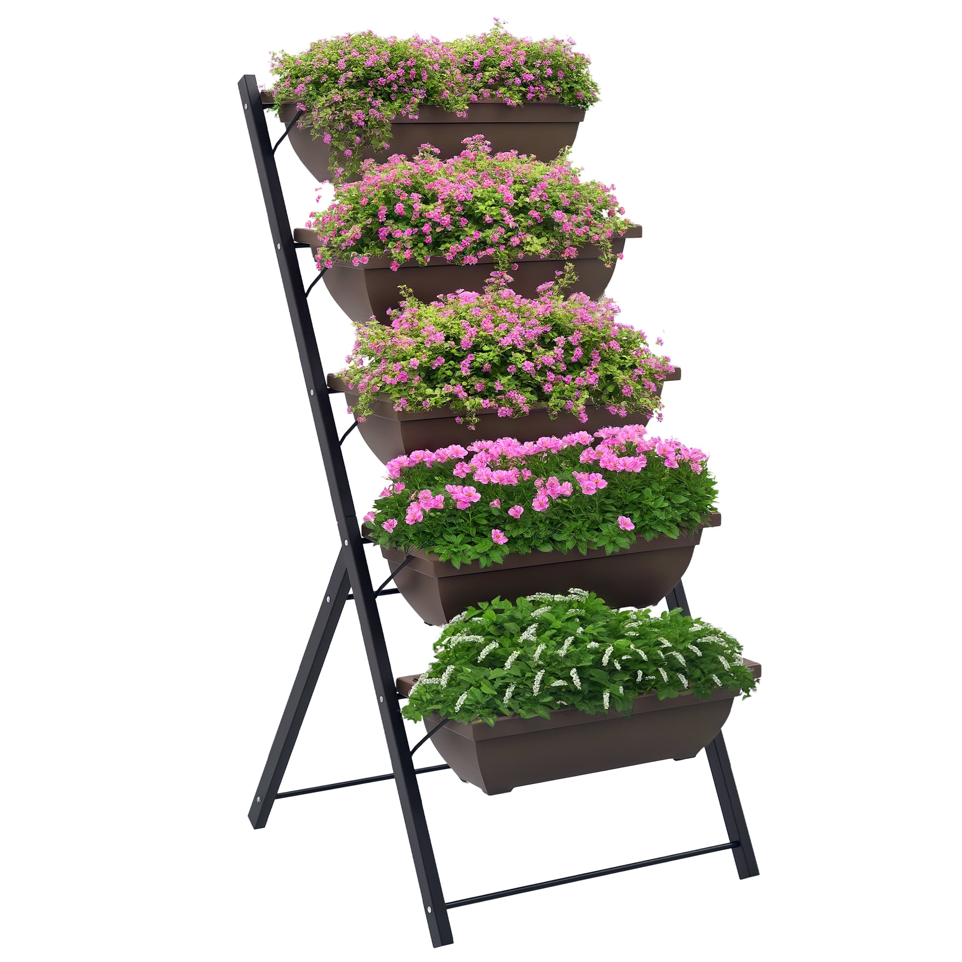 Raised Planter with Tiers, Vertical Planter with 5 Flower Pots, Drainage Holes with Rubber Stoppers, Plant Staircase, Steel Frame, Brown