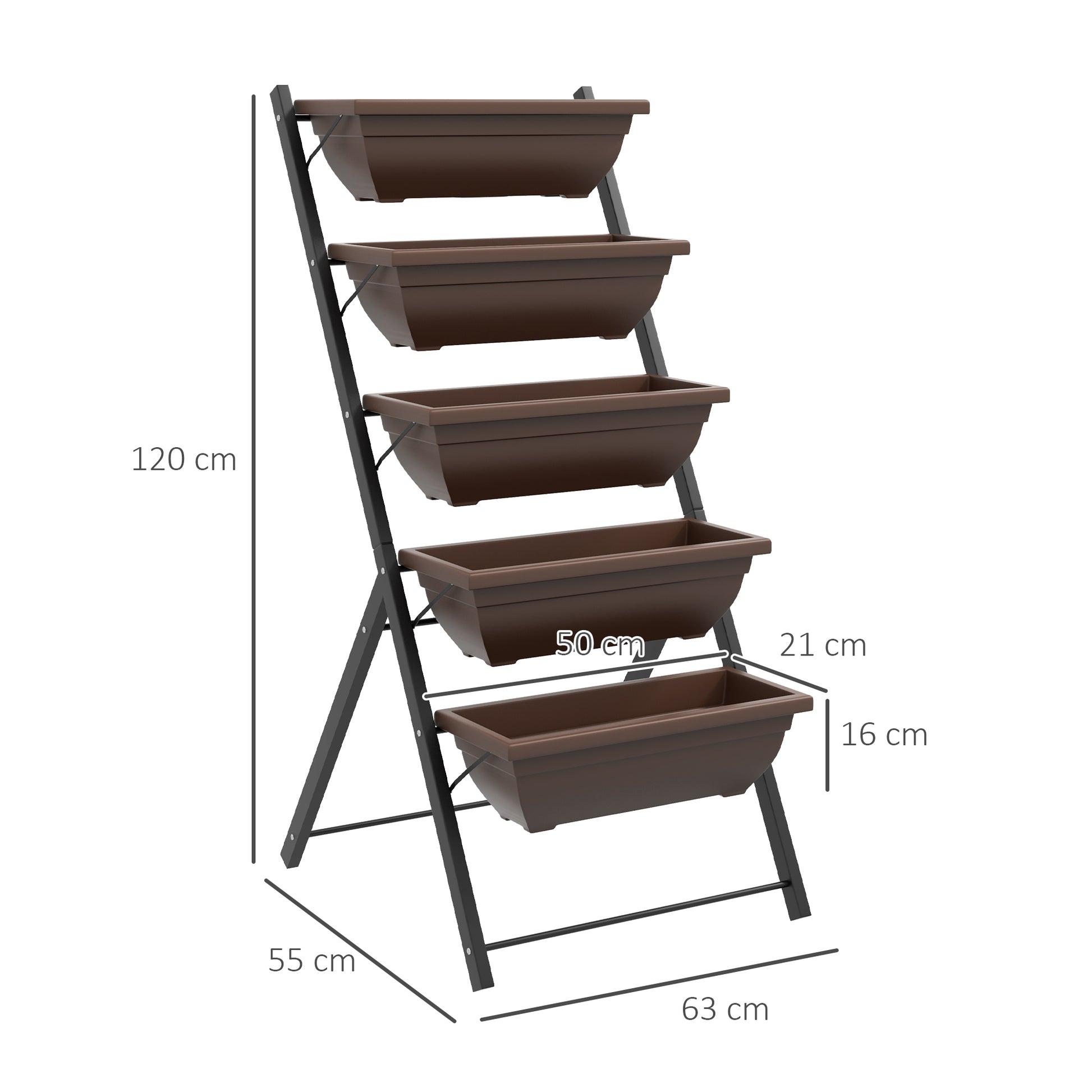 Raised Planter with Tiers, Vertical Planter with 5 Flower Pots, Drainage Holes with Rubber Stoppers, Plant Staircase, Steel Frame, Brown