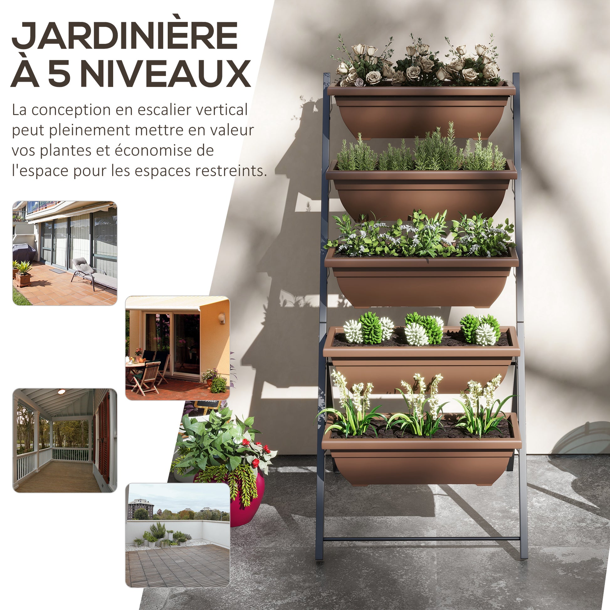 Raised Planter with Tiers, Vertical Planter with 5 Flower Pots, Drainage Holes with Rubber Stoppers, Plant Staircase, Steel Frame, Brown