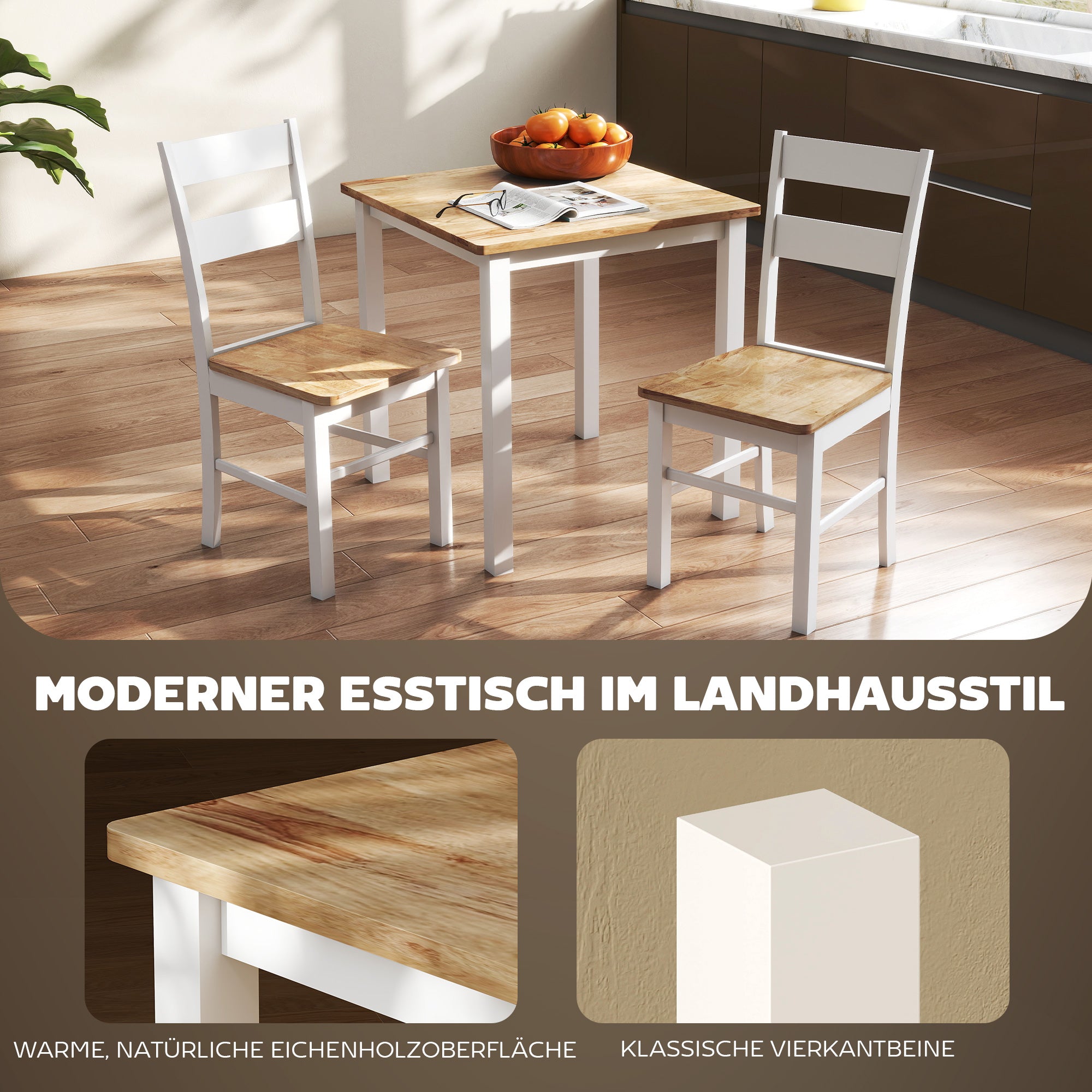 Oak-Effect Square Dining Table, 27.2 in x 27.2 in — Small Modern Rubberwood Table for 2–4, Oak