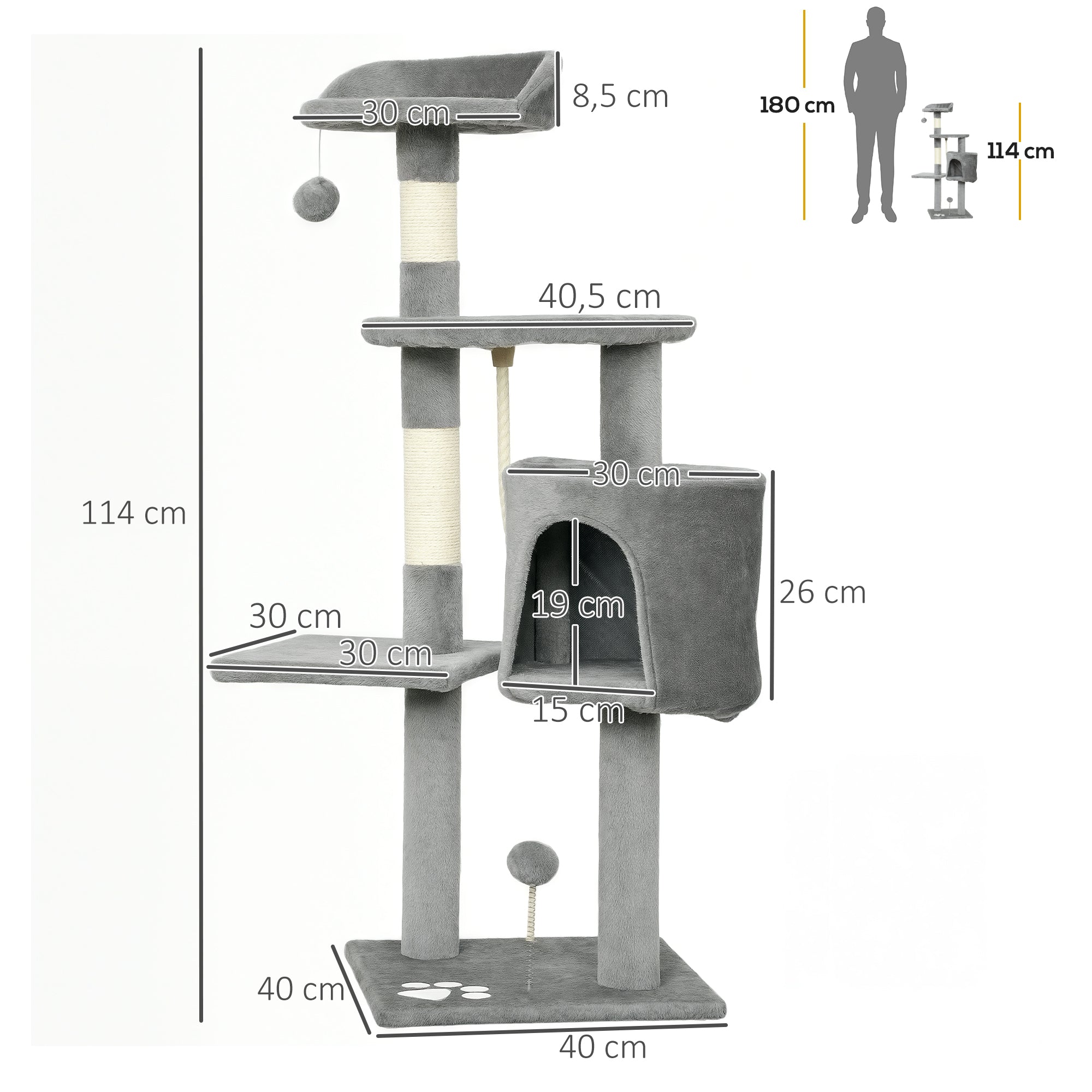 Multi-Equipment Cat Tree Scratching Posts Scratchers Platforms Hideaway Rope Toys 40L x 40W x 114H cm Gray