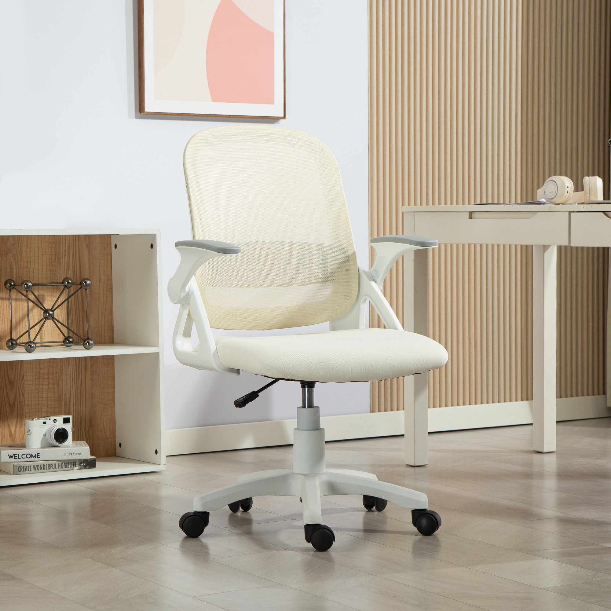 Ergonomic Mesh Office Chair with Flip-Up Arms, Lumbar Support, Adjustable Height & Tilt — White