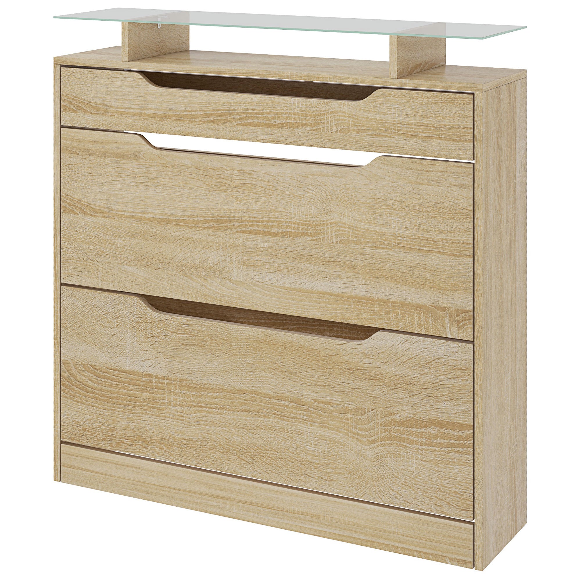 Shoe Cabinet with 2 Swing Drawers + 1 Sliding Drawer + 1 Counter and 1 Glass Shelf Adjustable in 2 Levels 89 x 23 x 96 cm Oak