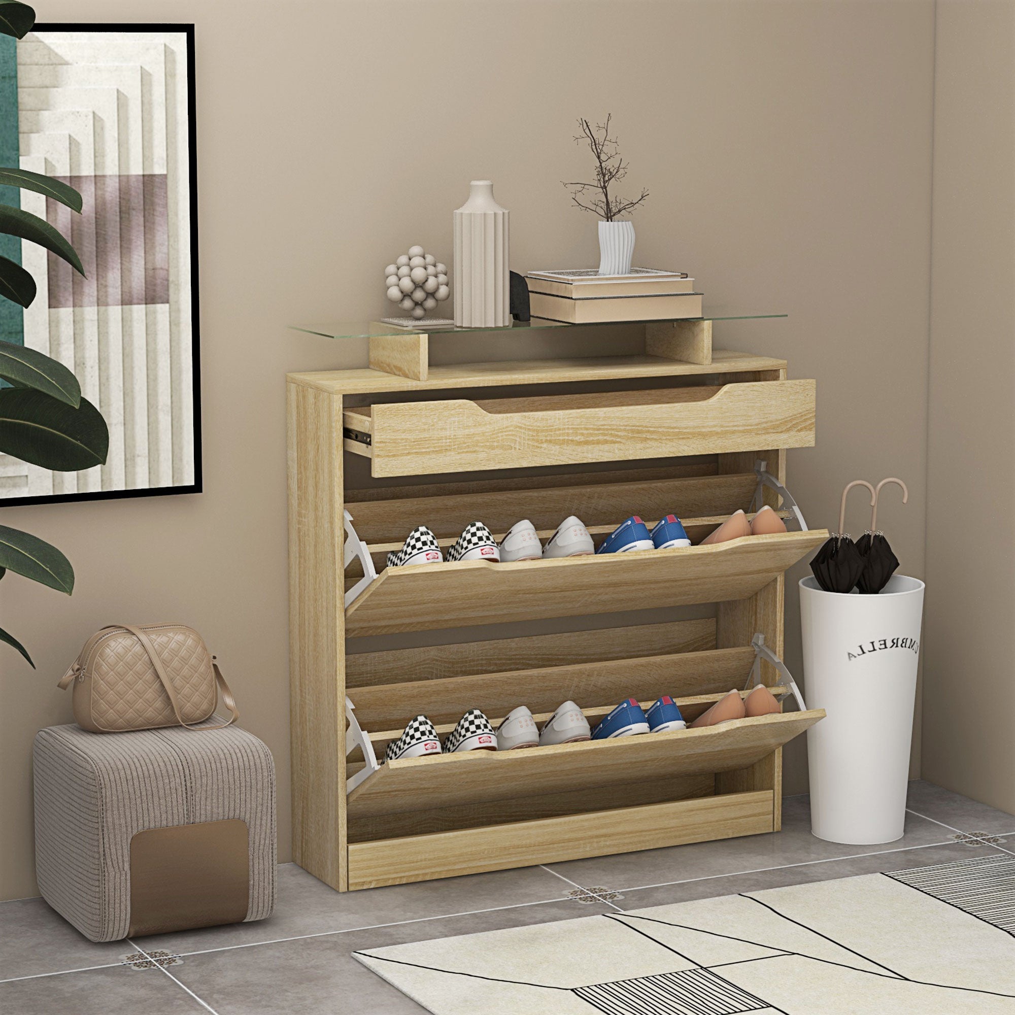 Shoe Cabinet with 2 Swing Drawers + 1 Sliding Drawer + 1 Counter and 1 Glass Shelf Adjustable in 2 Levels 89 x 23 x 96 cm Oak