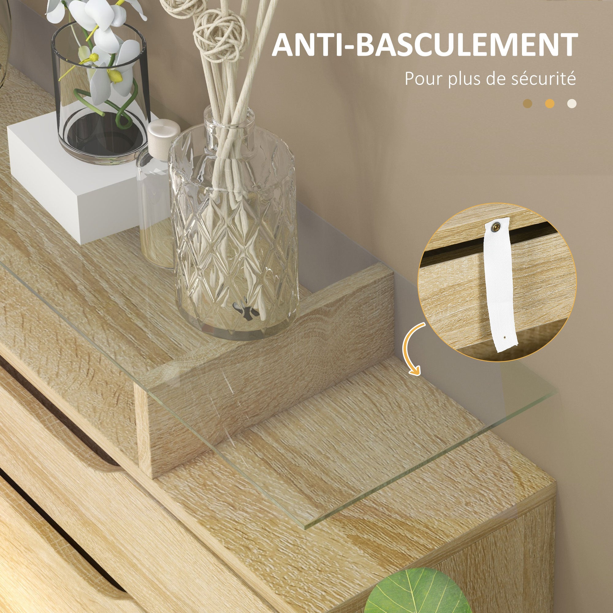 Shoe Cabinet with 2 Swing Drawers + 1 Sliding Drawer + 1 Counter and 1 Glass Shelf Adjustable in 2 Levels 89 x 23 x 96 cm Oak