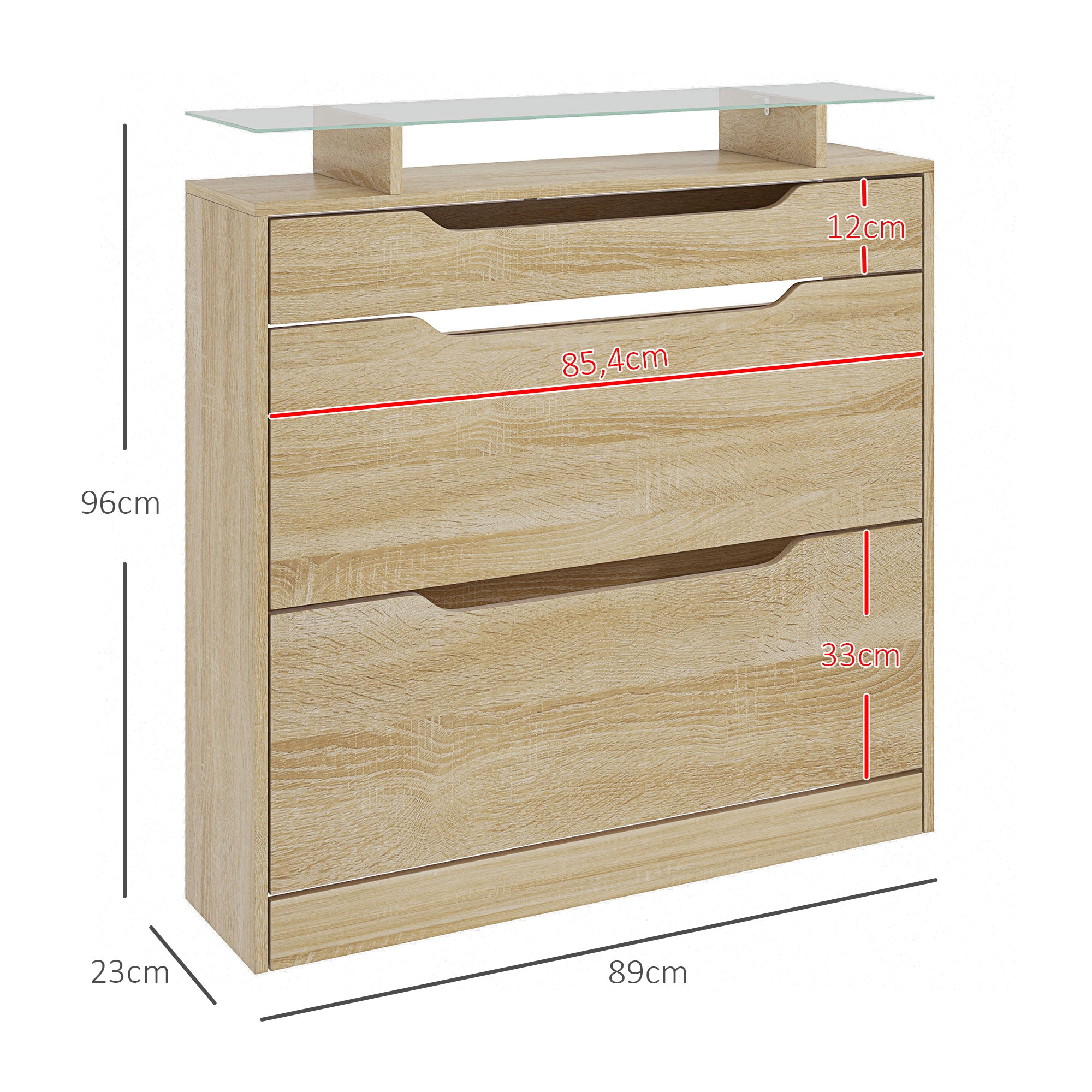 Shoe Cabinet with 2 Swing Drawers + 1 Sliding Drawer + 1 Counter and 1 Glass Shelf Adjustable in 2 Levels 89 x 23 x 96 cm Oak