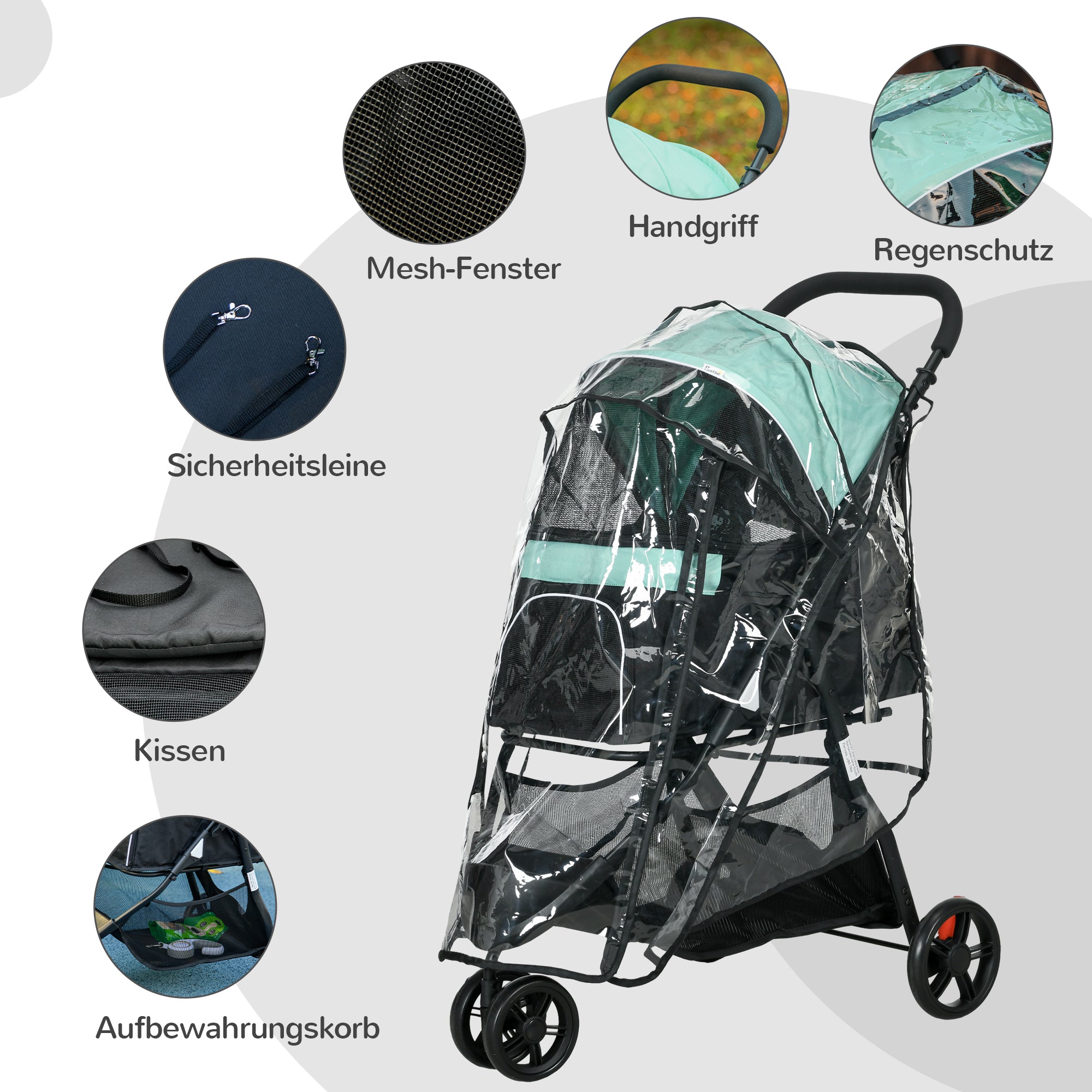 2 in 1 Dog Buggy Dog Stroller with Rain Cover Foldable for Dogs & Cats up to 10 kg Cat Stroller with Cushion Mesh Windows Doors Storage Basket Cat Wagon Buggy Green