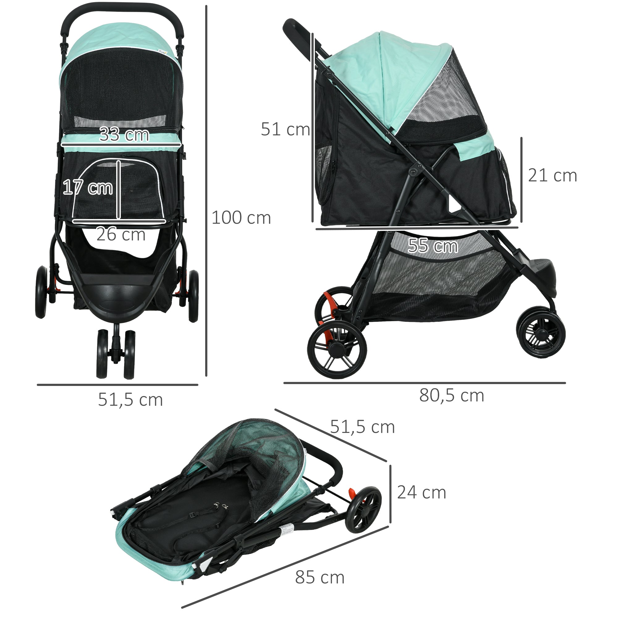 2 in 1 Dog Buggy Dog Stroller with Rain Cover Foldable for Dogs & Cats up to 10 kg Cat Stroller with Cushion Mesh Windows Doors Storage Basket Cat Wagon Buggy Green