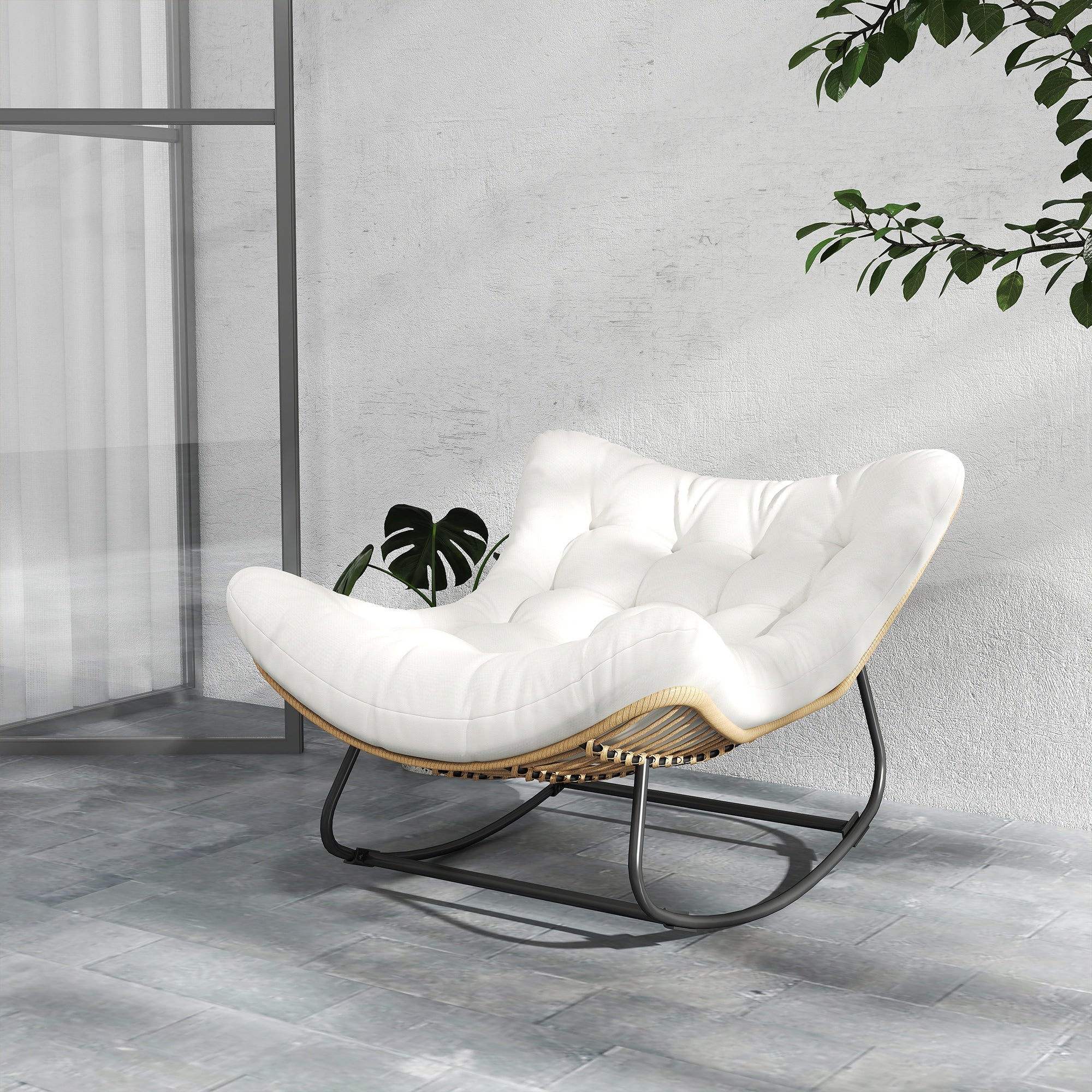 Garden Rocking Chair, Egg-Shaped Woven Resin Rocking Chair with Padded Cushion for Garden, Bedroom, Living Room, Cream