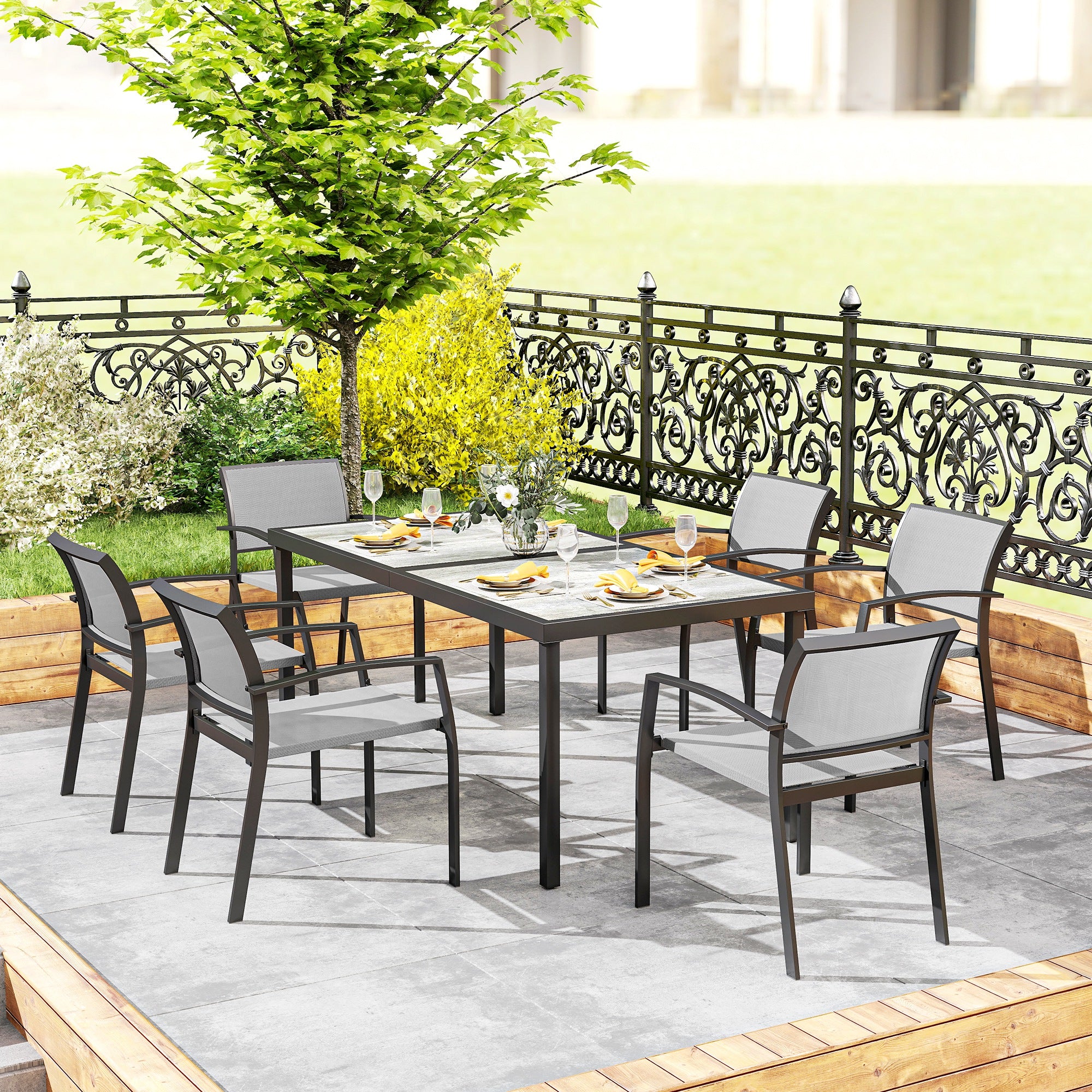 7-Piece Dining Group for 6 Persons Dining Table with 6 Stackable Chairs, Dining Set Kitchen Table Set with Steel Frame Balcony Furniture Garden Furniture for Terrace, Balcony Gray
