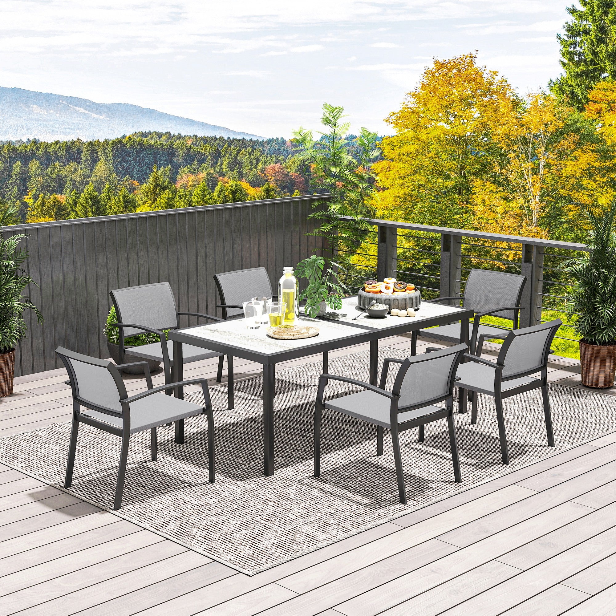 7-Piece Dining Group for 6 Persons Dining Table with 6 Stackable Chairs, Dining Set Kitchen Table Set with Steel Frame Balcony Furniture Garden Furniture for Terrace, Balcony Gray