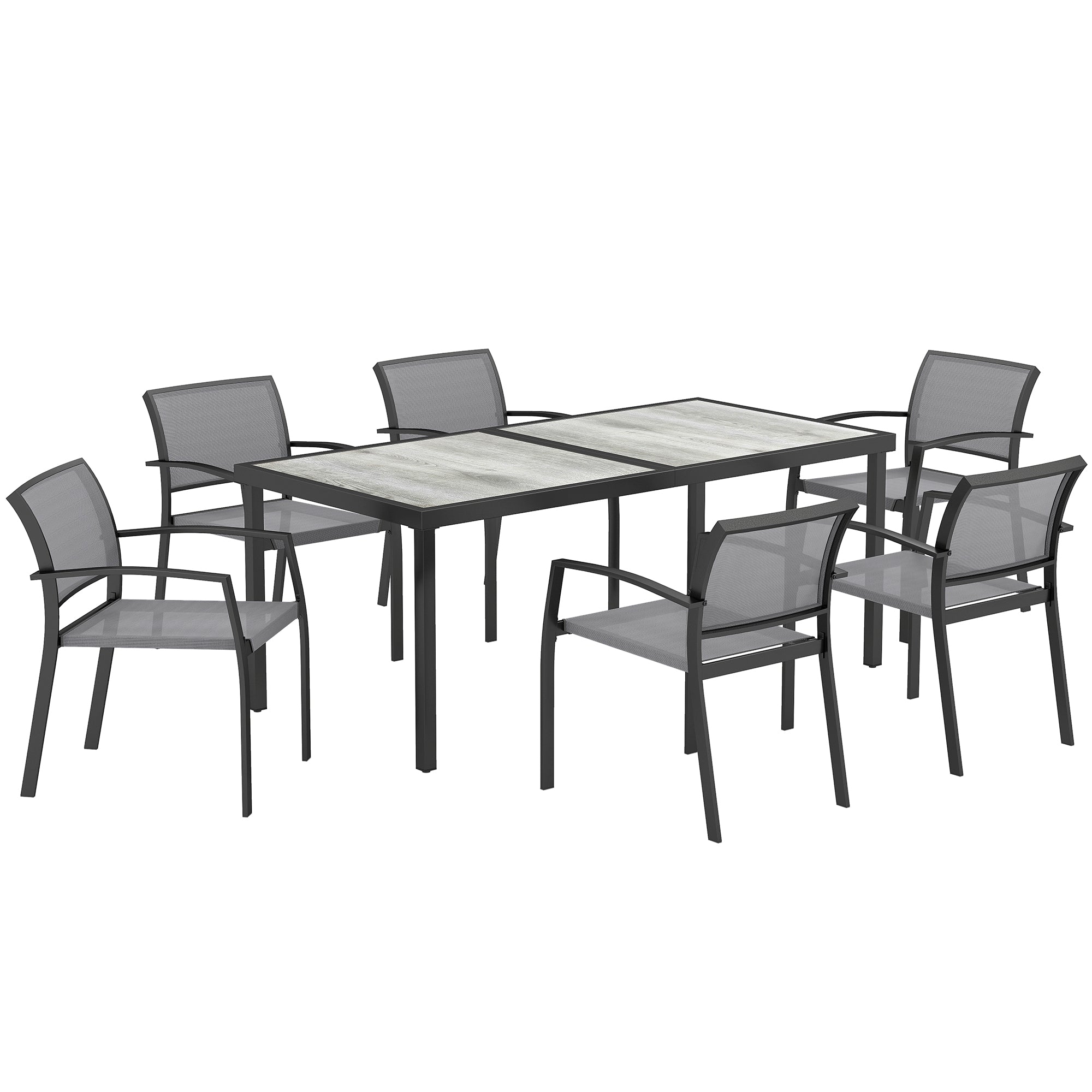 7-Piece Dining Group for 6 Persons Dining Table with 6 Stackable Chairs, Dining Set Kitchen Table Set with Steel Frame Balcony Furniture Garden Furniture for Terrace, Balcony Gray