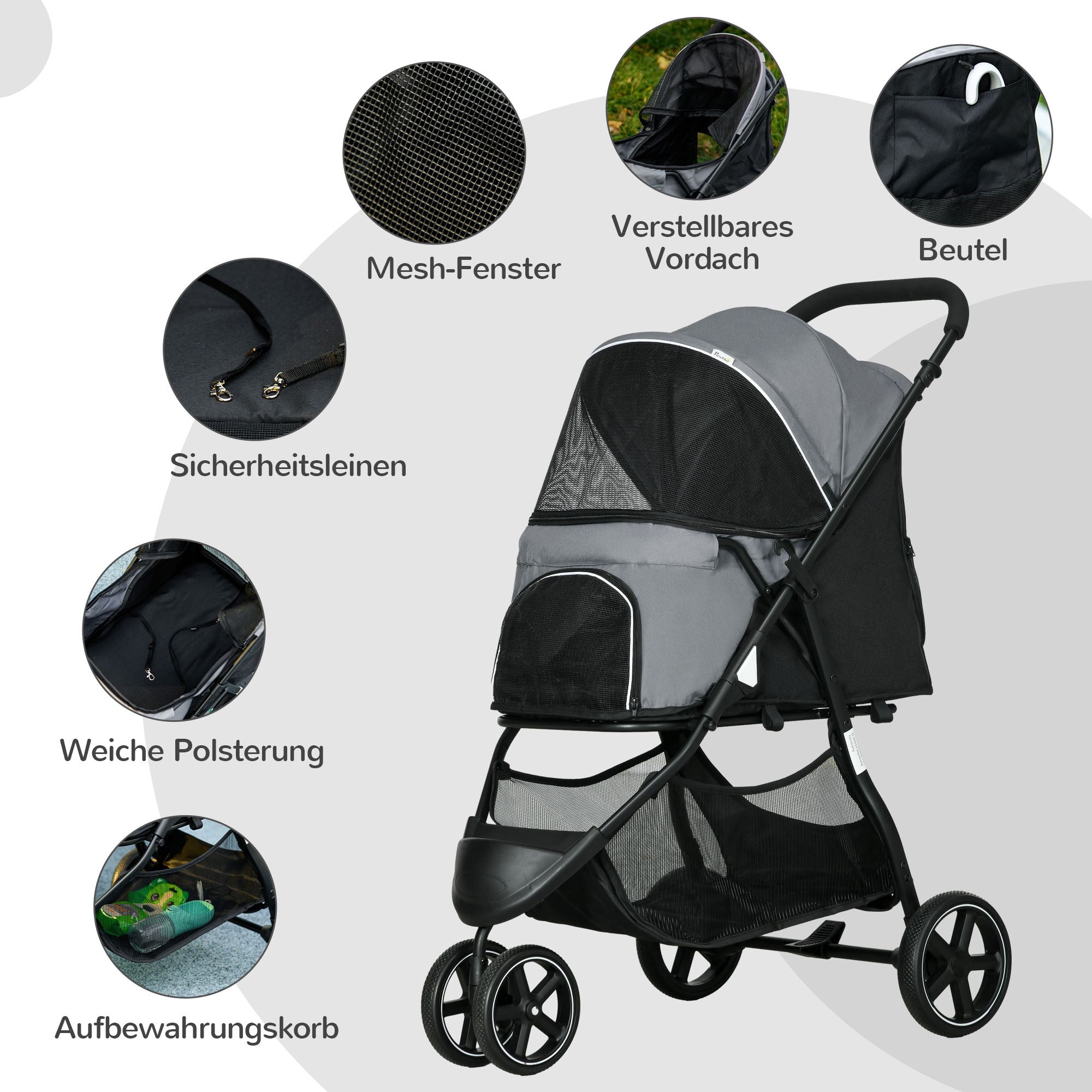 Dog Buggy Pet Stroller with Rain Cover 2 Safety Leashes Cat Stroller with Storage Basket Foldable Dog Crate for Small and Miniature Dogs, Oxford, Grey