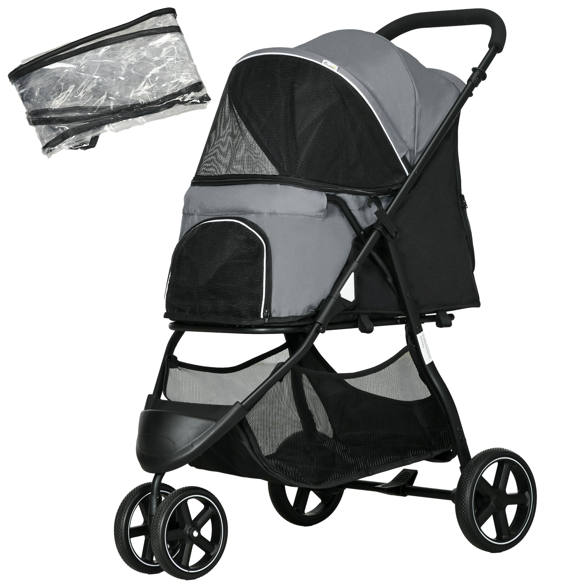 Dog Buggy Pet Stroller with Rain Cover 2 Safety Leashes Cat Stroller with Storage Basket Foldable Dog Crate for Small and Miniature Dogs, Oxford, Grey