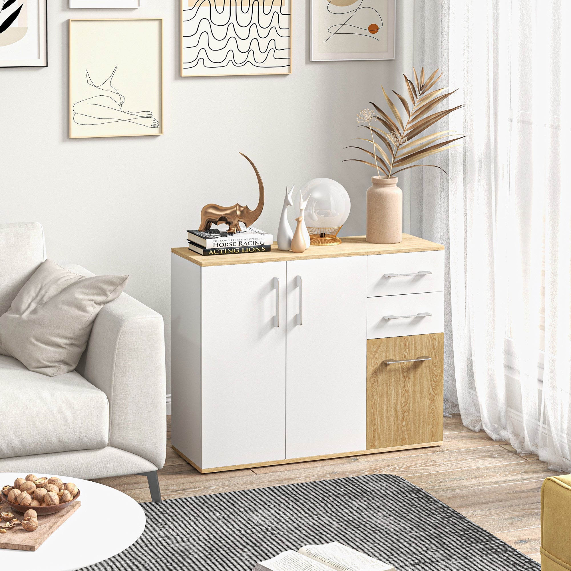 Modern Living Room Sideboard Kitchen Sideboard with 2 Drawers 2 Cabinets and Adjustable Shelves for Bedroom Dining Room Hallway 90x30x75.5 cm White and Natural