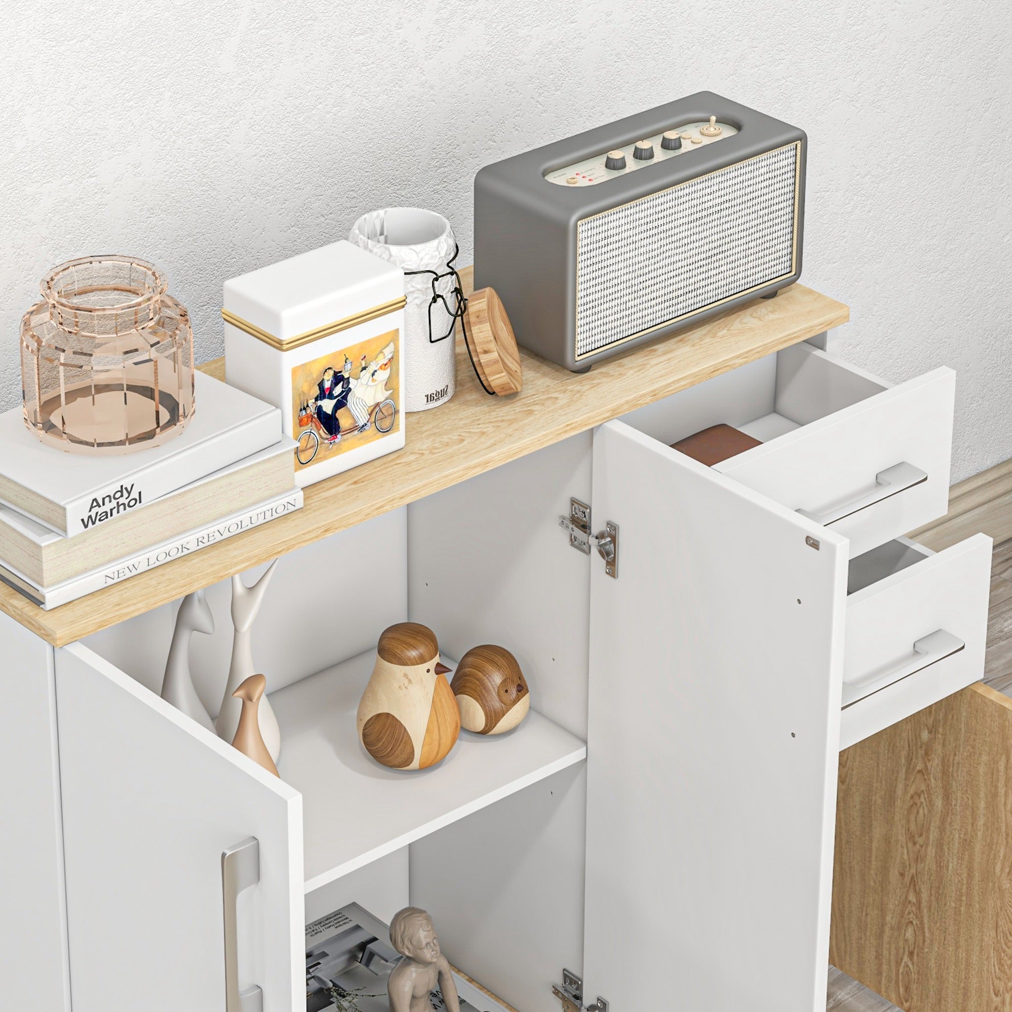 Modern Living Room Sideboard Kitchen Sideboard with 2 Drawers 2 Cabinets and Adjustable Shelves for Bedroom Dining Room Hallway 90x30x75.5 cm White and Natural