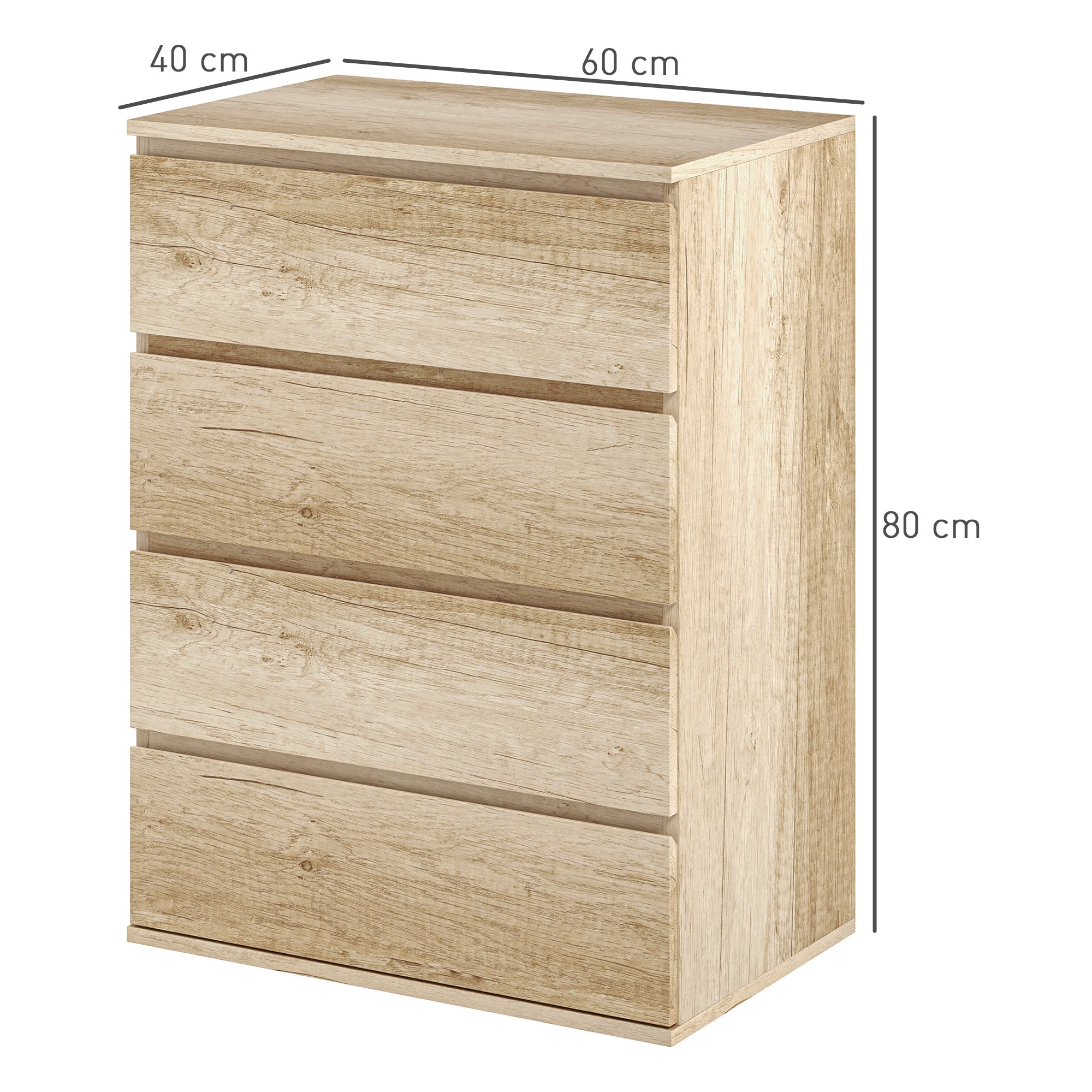 4-Drawer Dresser Bedroom Storage Cabinet Modern Style with Soft-Close Mechanism, for Bedroom, Living Room - 60 x 40 x 80 cm, Natural Wood