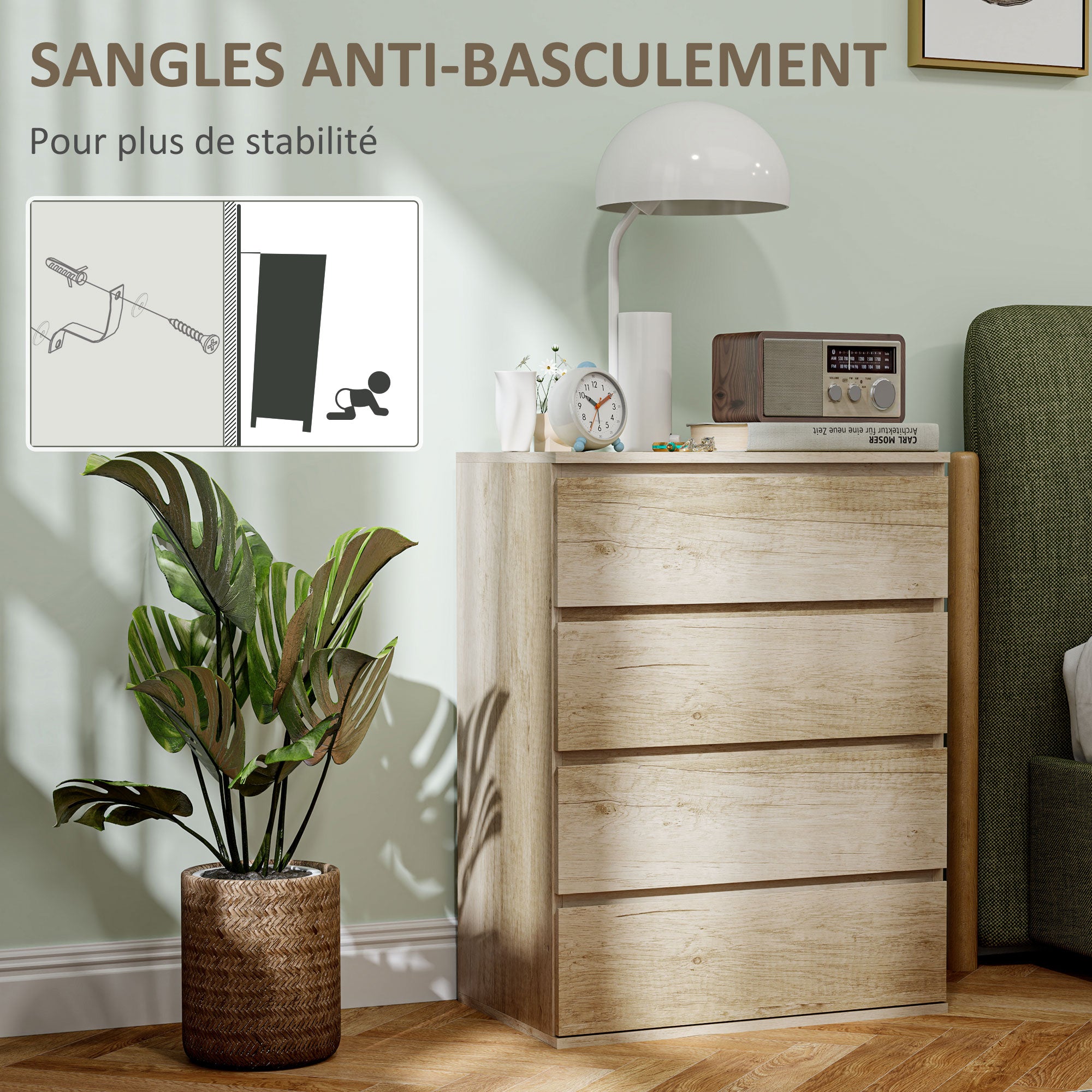 4-Drawer Dresser Bedroom Storage Cabinet Modern Style with Soft-Close Mechanism, for Bedroom, Living Room - 60 x 40 x 80 cm, Natural Wood