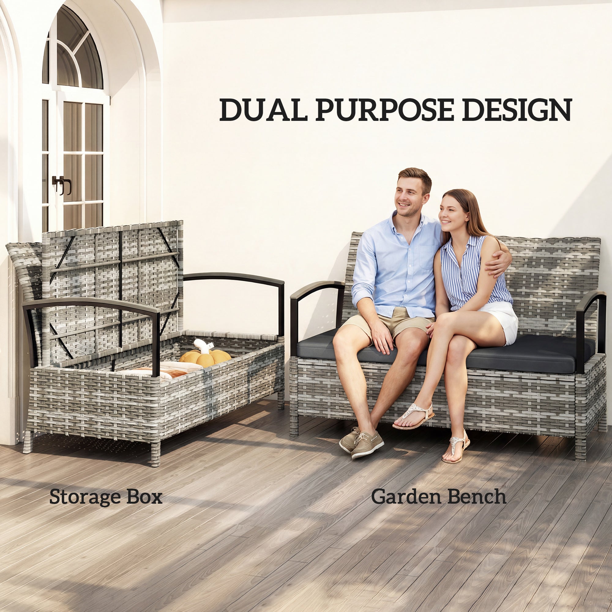 2-Seater Garden Storage Bench with Cushion & Handles — 33 gal Outdoor Storage Box, Poly Rattan, Dark Gray (48.4 x 27.6 x 32.3 in)