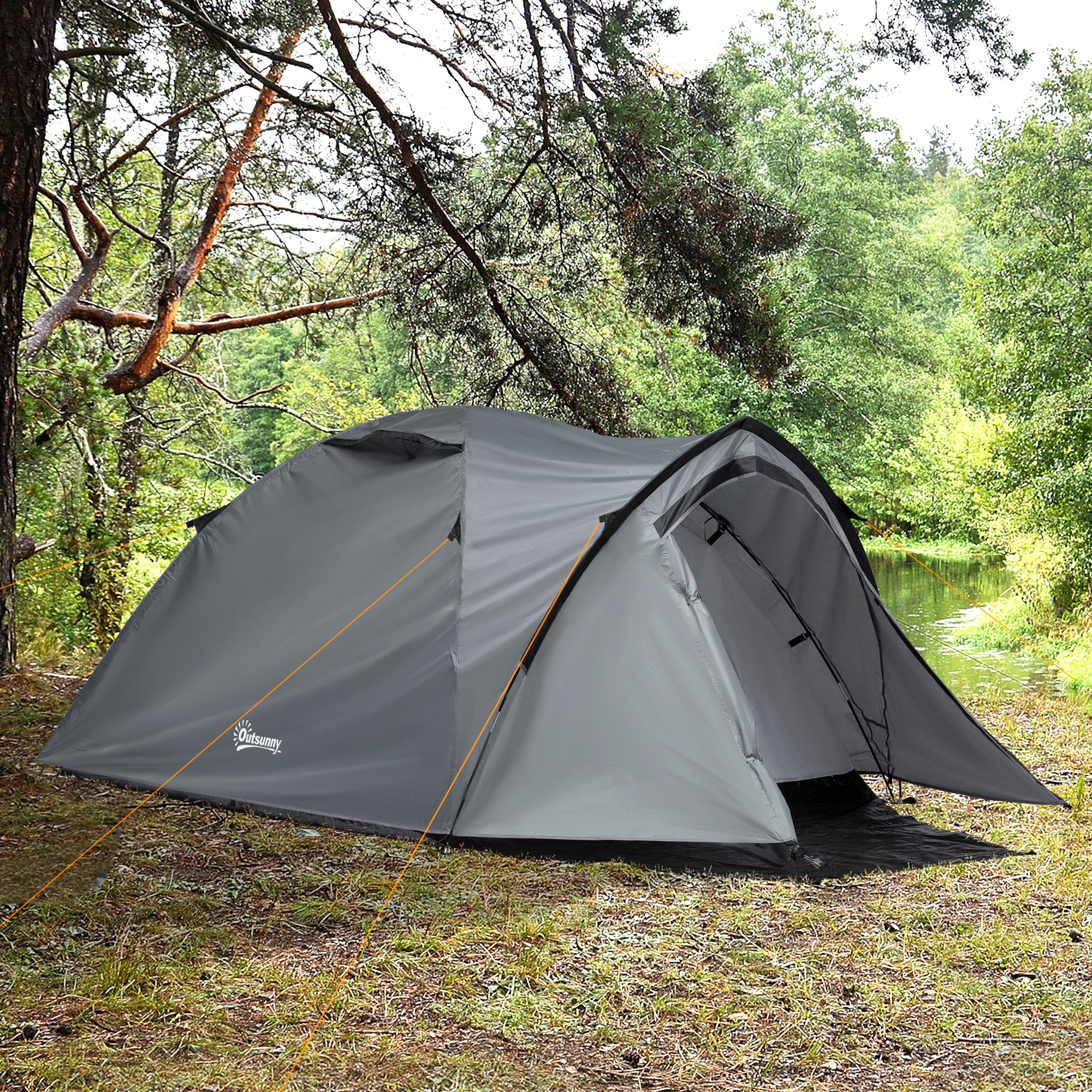 Camping Tent for 2-3 Persons Waterproof Lightweight Ventilated Dome Tent Easy to Assemble 2 Doors Windows Dimensions 3.25L x 1.83W x 1.3H m Fiberglass Polyester PE Gray